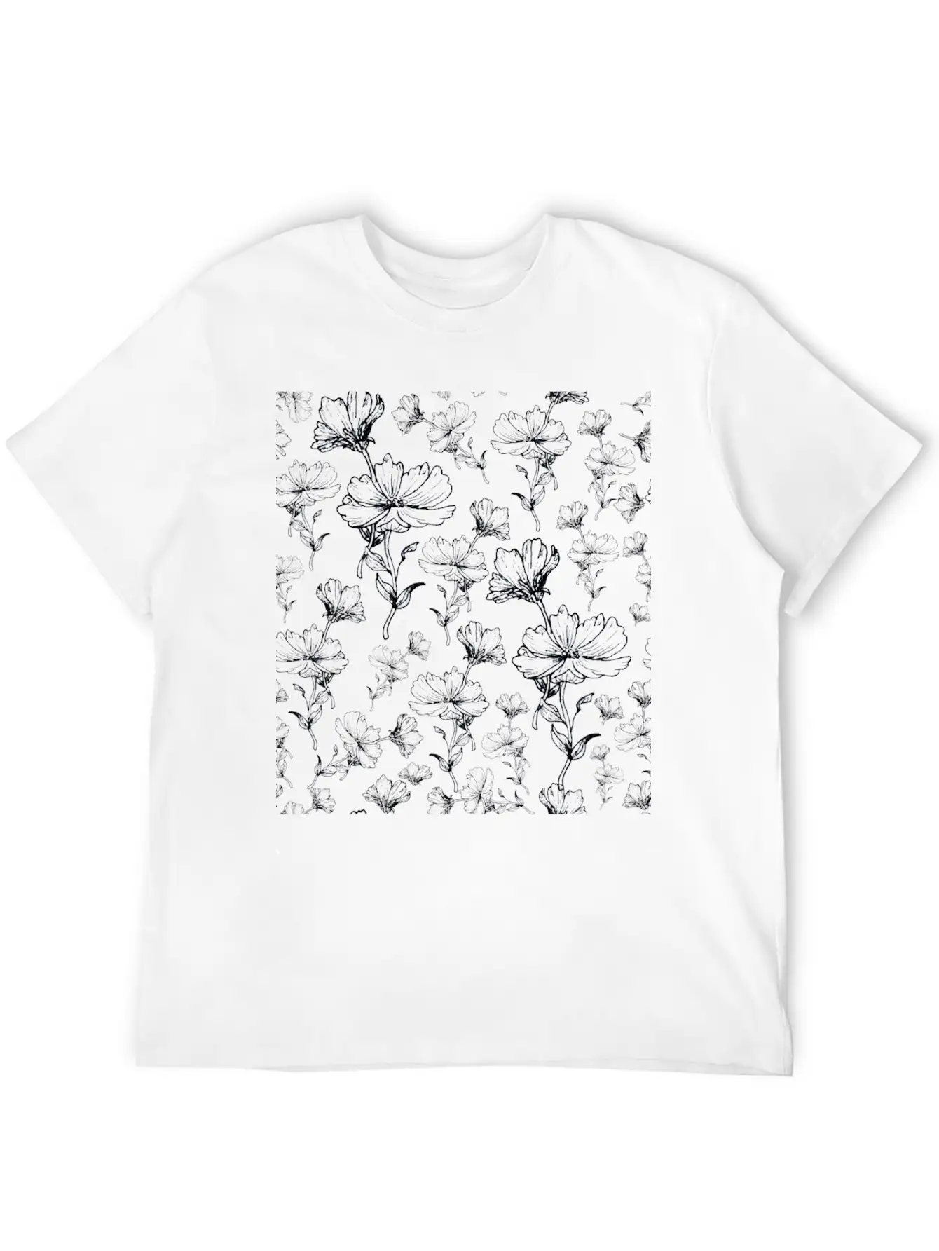 Flowers Ink Sketch Pattern Unisex Short Sleeve Soft Cotton T-Shirt – Casual Everyday Wear