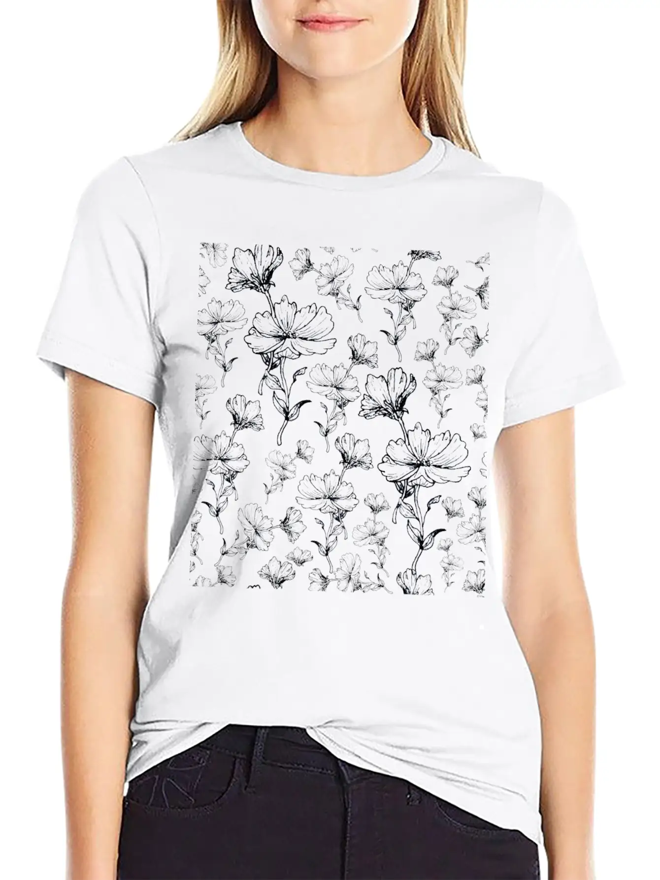 Flowers Ink Sketch Pattern Unisex Short Sleeve Soft Cotton T-Shirt – Casual Everyday Wear
