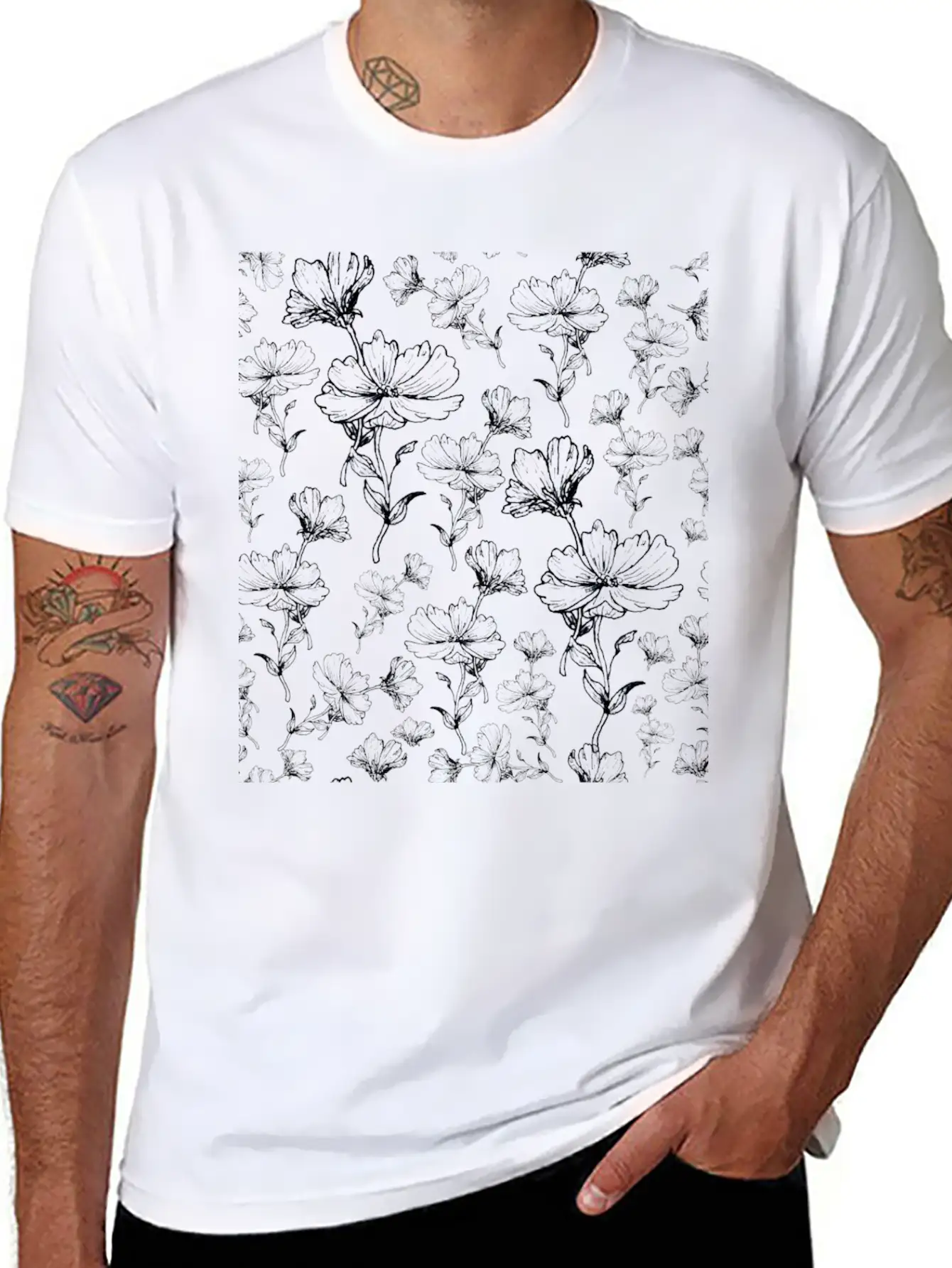 Flowers Ink Sketch Pattern Unisex Short Sleeve Soft Cotton T-Shirt – Casual Everyday Wear