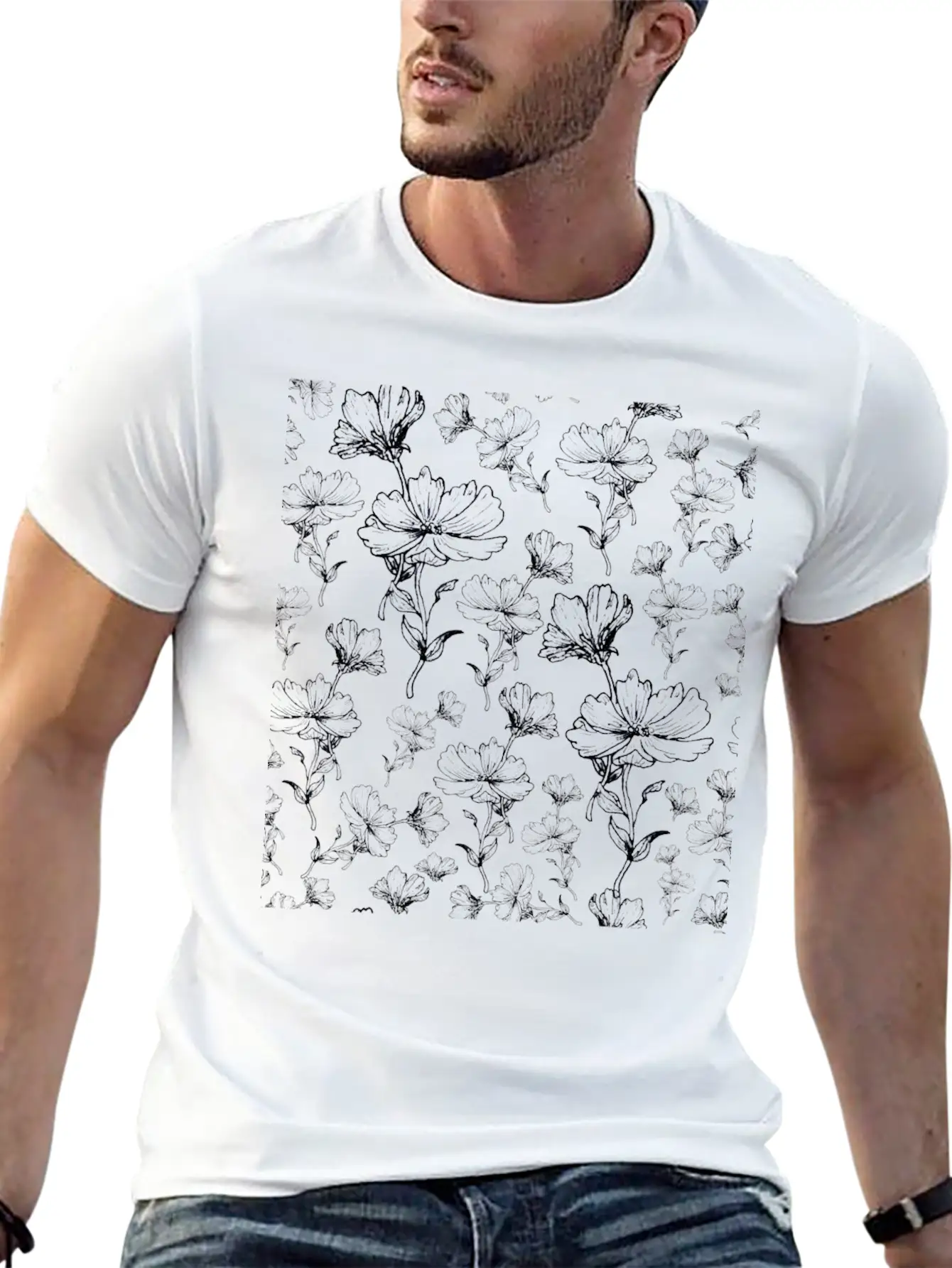 Flowers Ink Sketch Pattern Unisex Short Sleeve Soft Cotton T-Shirt – Casual Everyday Wear
