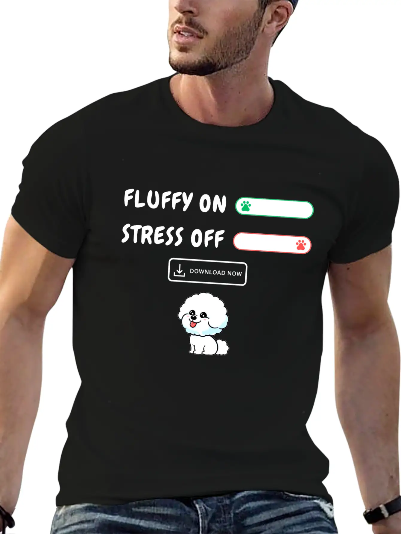 Fluffy On Stress Off Stylish Everyday T-Shirt – Unisex Basic Cotton Tee