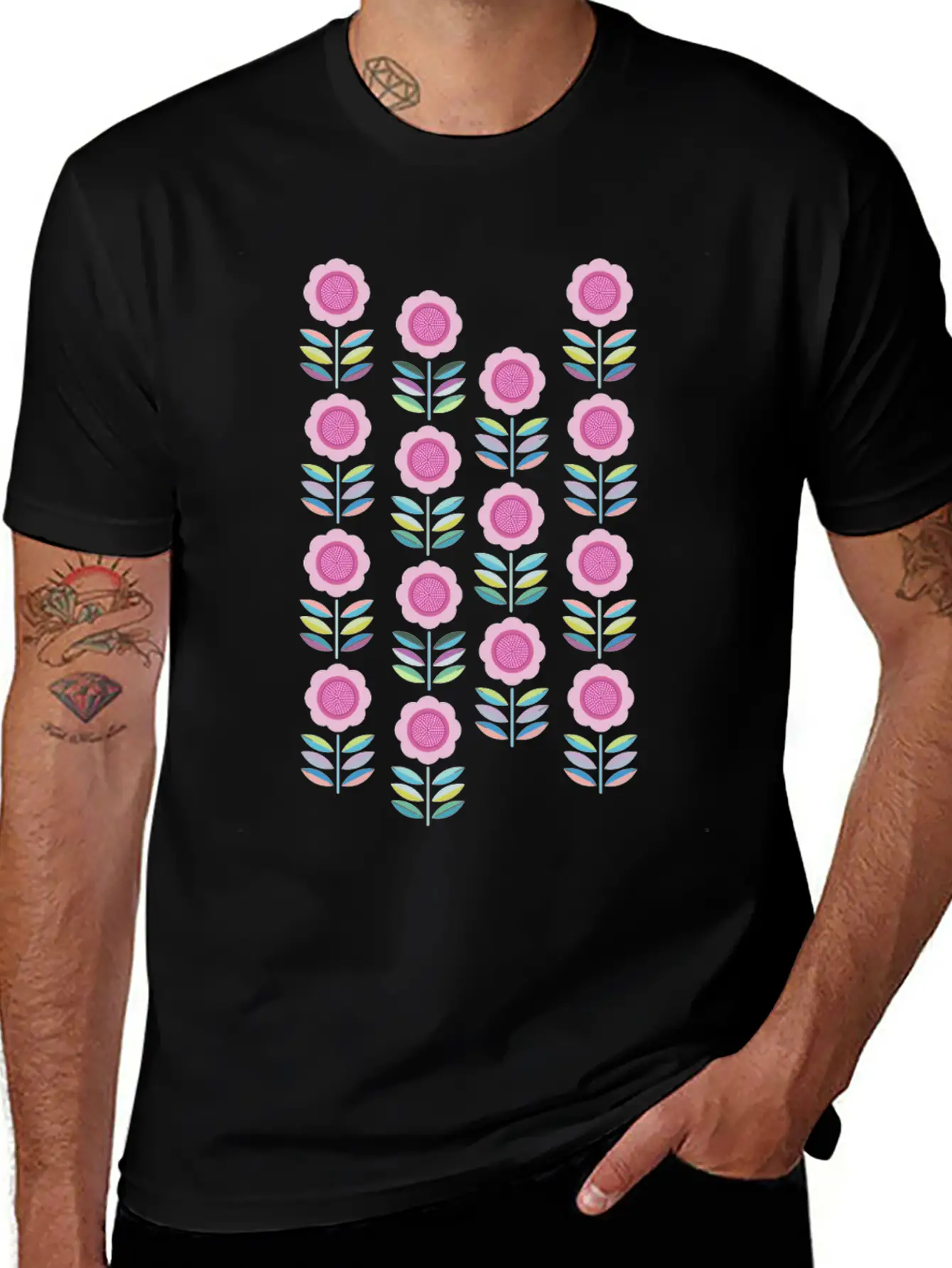 Folk Art Flowers Pattern Scandinavian Folk Art Comfortable Minimalist Graphic Tee – Summer Style Essential
