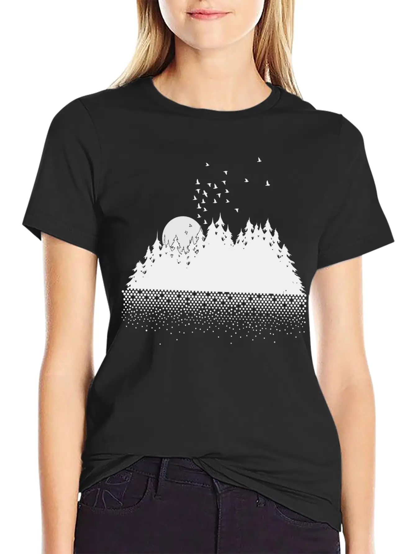 Forest, Lake, Moon And Birds Comfortable Minimalist Graphic Tee – Summer Style Essential