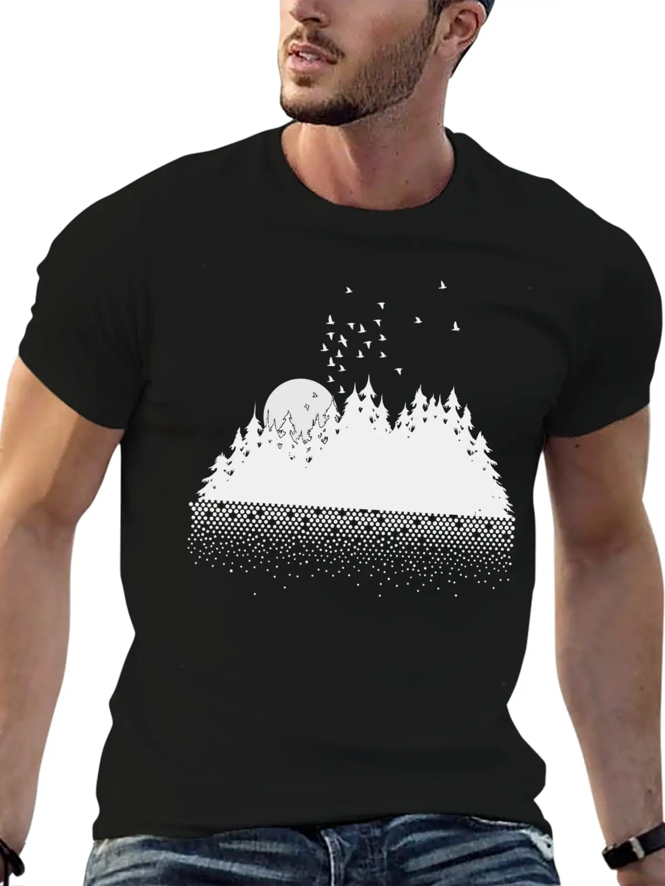 Forest, Lake, Moon And Birds Comfortable Minimalist Graphic Tee – Summer Style Essential