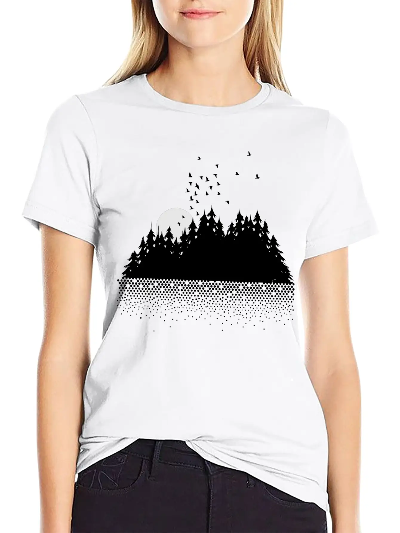 Forest, Lake, Moon And Birds Comfortable Minimalist Graphic Tee – Summer Style Essential