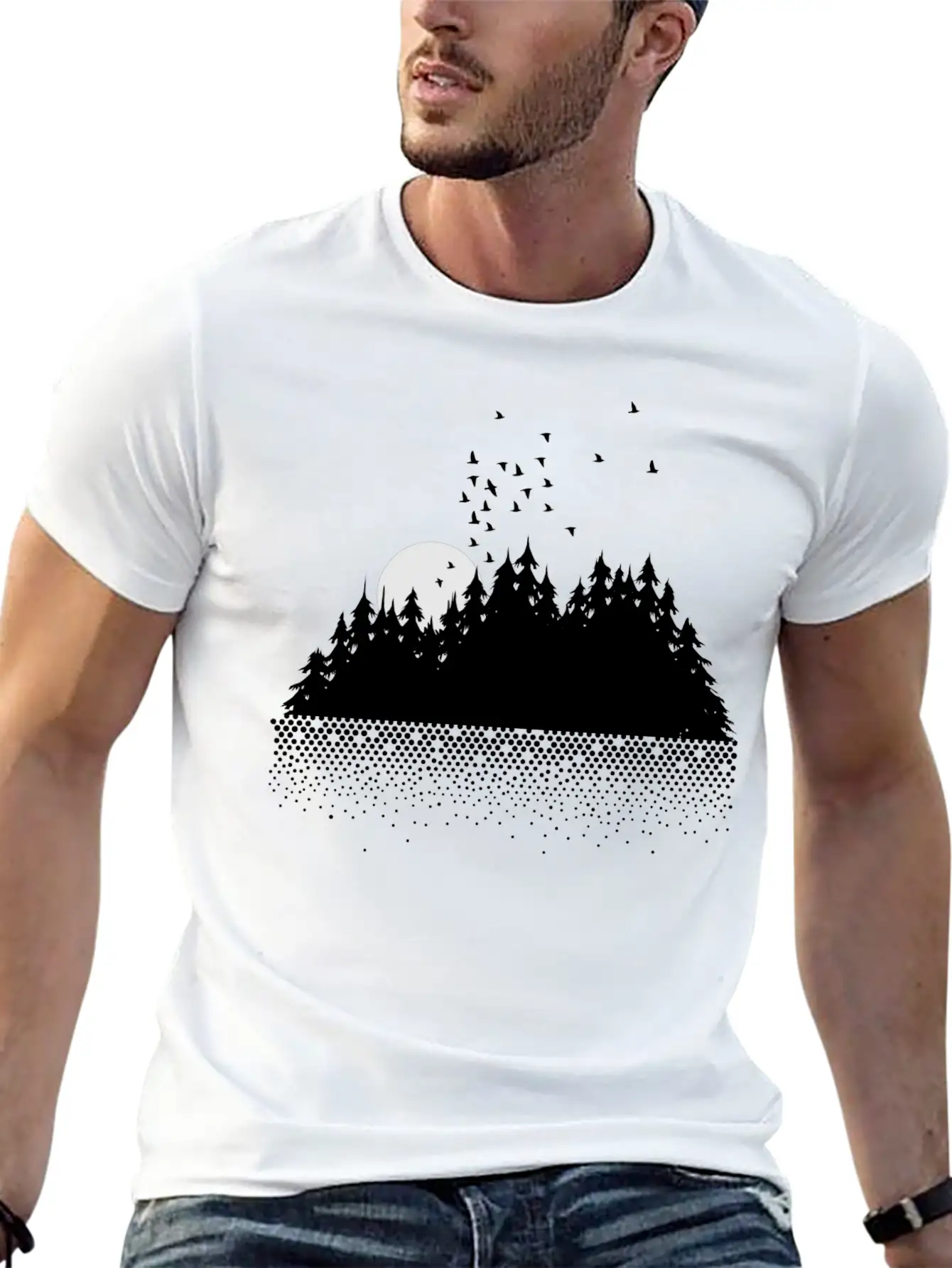 Forest, Lake, Moon And Birds Comfortable Minimalist Graphic Tee – Summer Style Essential