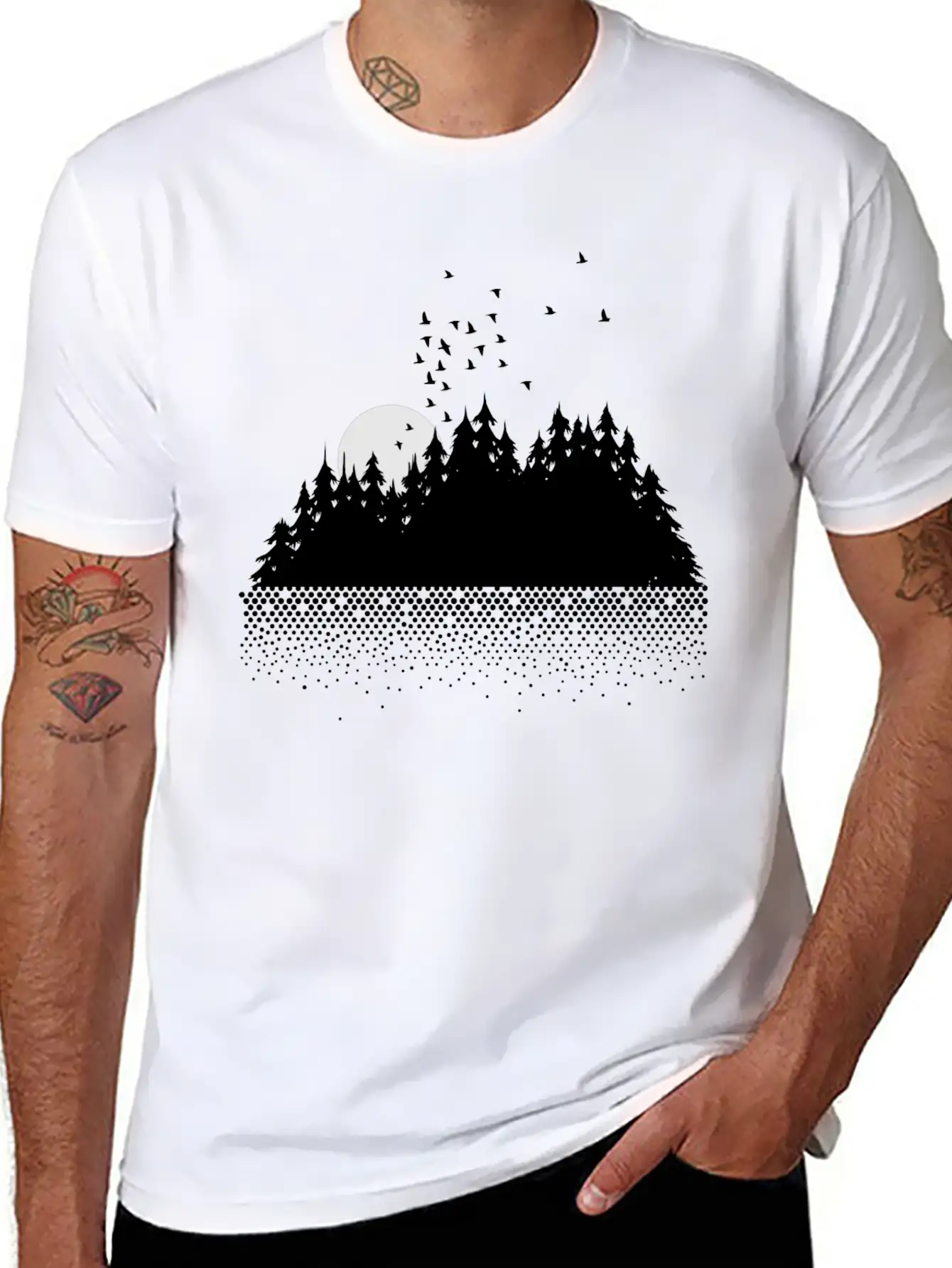 Forest, Lake, Moon And Birds Comfortable Minimalist Graphic Tee – Summer Style Essential