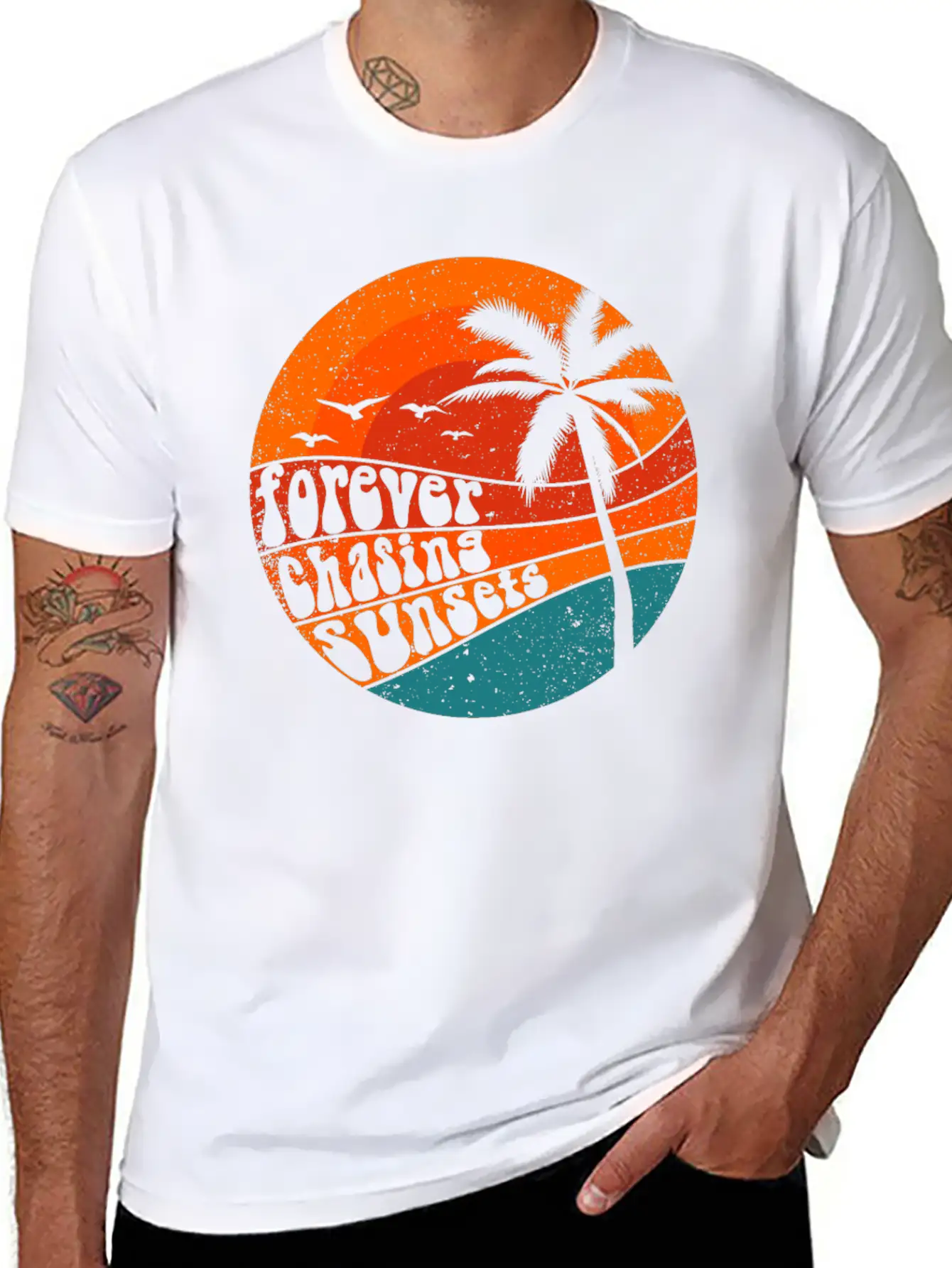 Forever Chasing Sunsets Retro Summer Vacation Stylish Everyday T-Shirt – Unisex Basic Cotton Tee