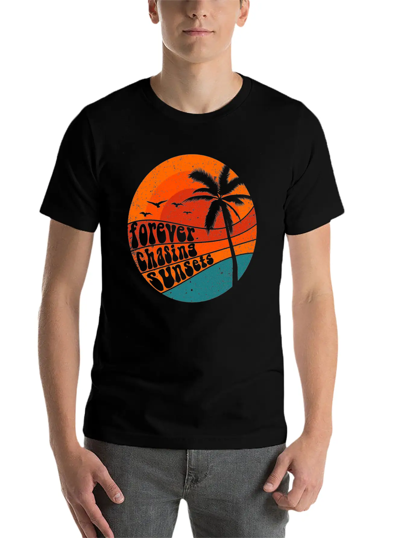 Forever Chasing Sunsets Retro Summer Vacation Stylish Everyday T-Shirt – Unisex Basic Cotton Tee