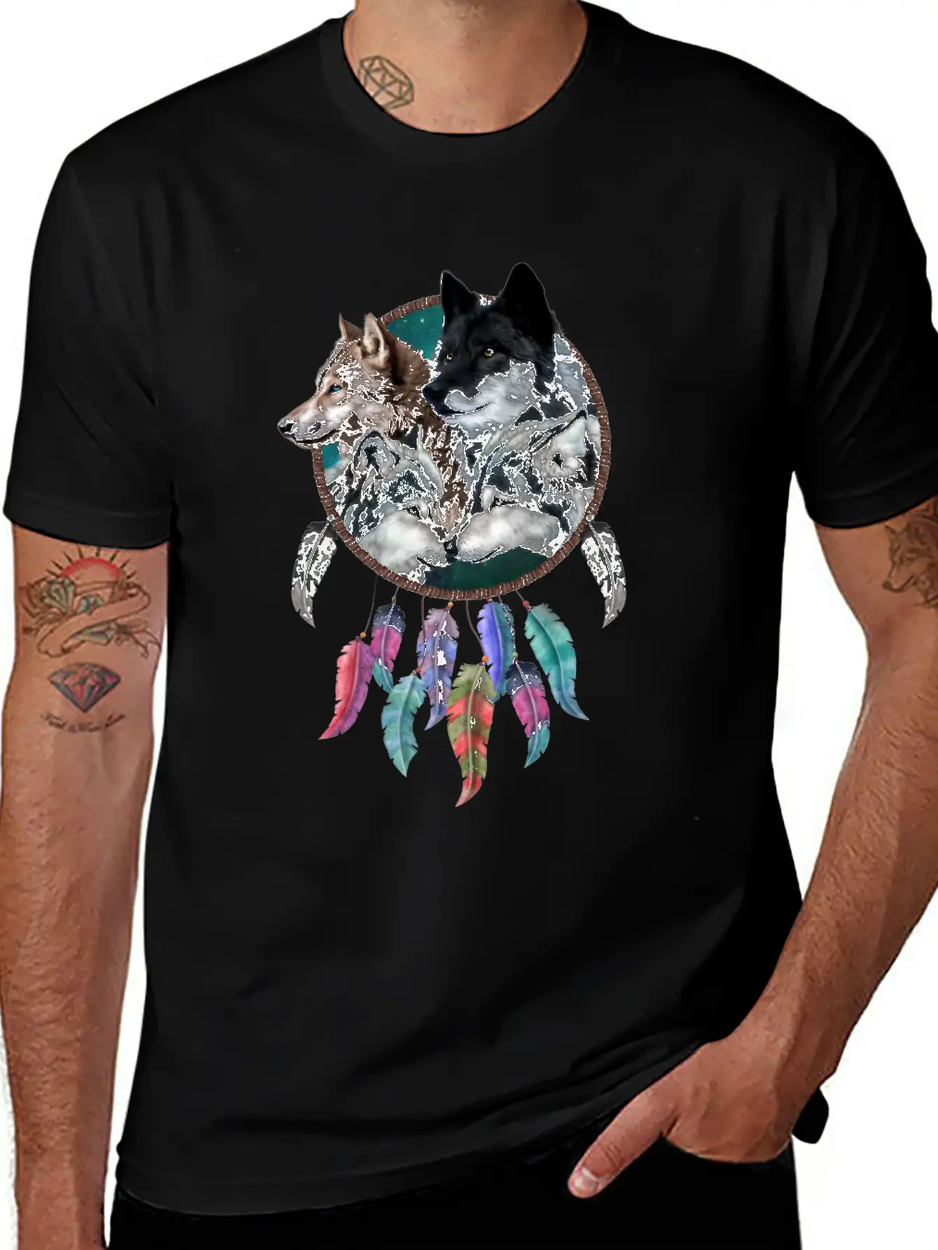 Four Wolf Caring Dream Catcher Stylish Everyday T-Shirt – Unisex Basic Cotton Tee