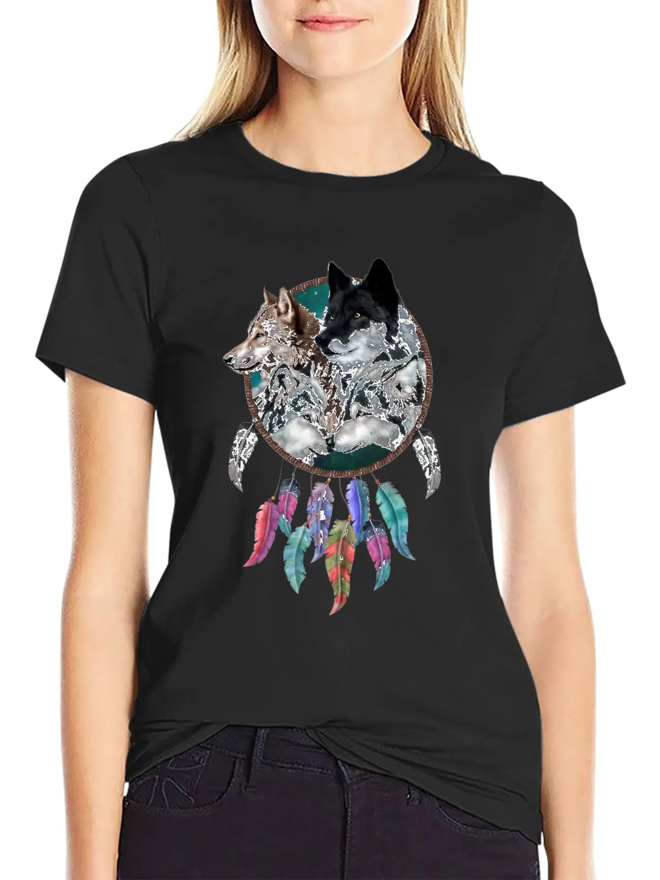 Four Wolf Caring Dream Catcher Stylish Everyday T-Shirt – Unisex Basic Cotton Tee