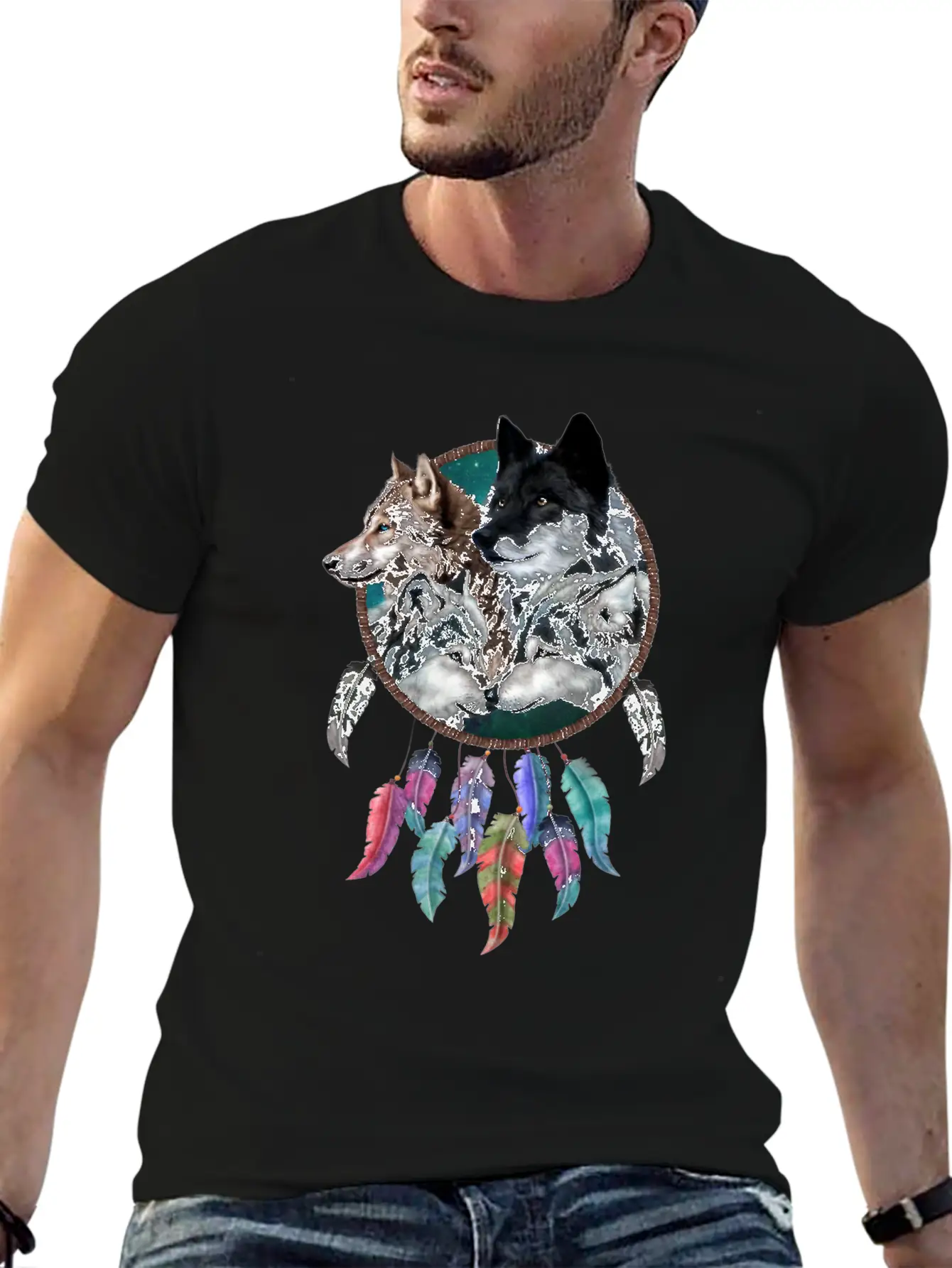 Four Wolf Caring Dream Catcher Stylish Everyday T-Shirt – Unisex Basic Cotton Tee