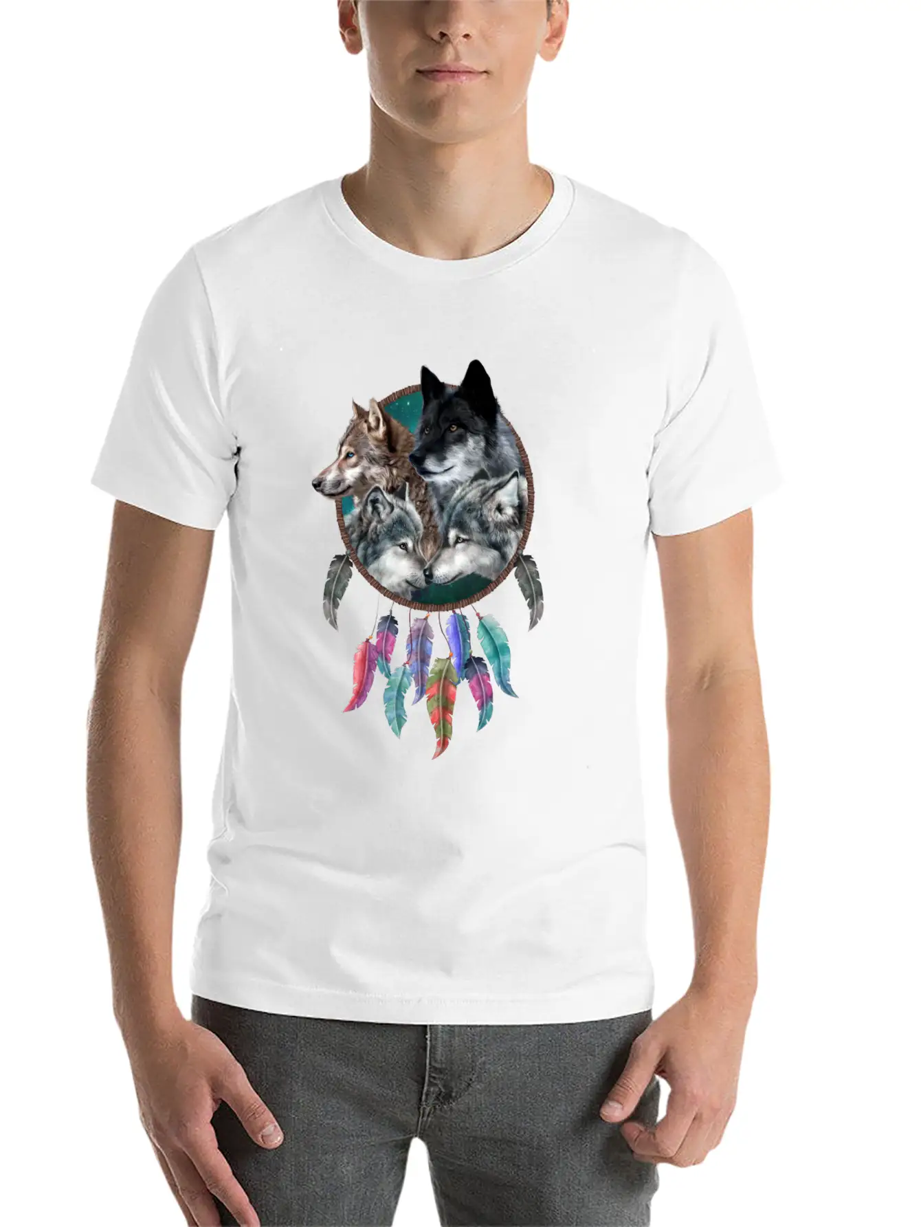 Four Wolf Caring Dream Catcher Stylish Everyday T-Shirt – Unisex Basic Cotton Tee