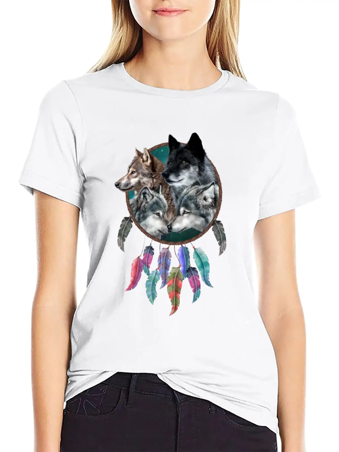 Four Wolf Caring Dream Catcher Stylish Everyday T-Shirt – Unisex Basic Cotton Tee