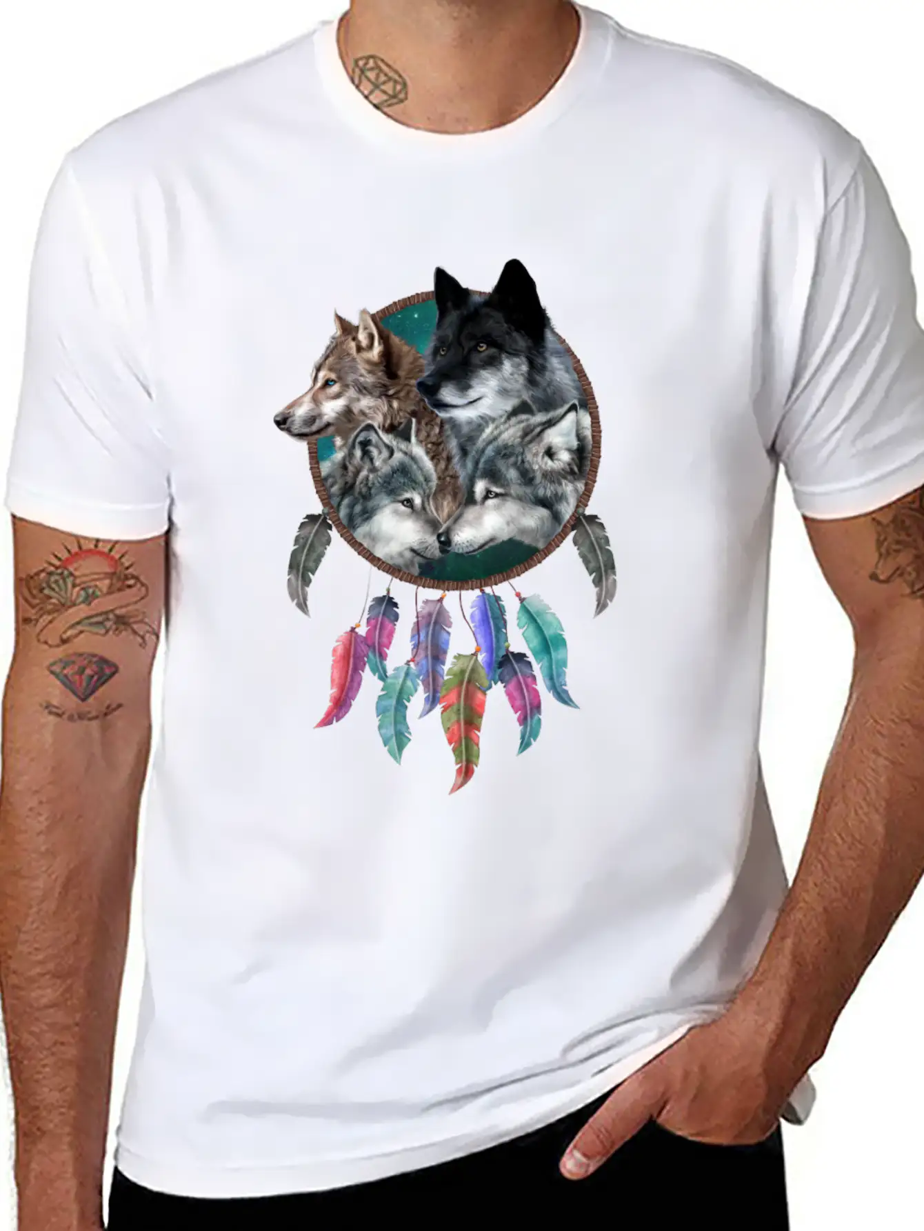 Four Wolf Caring Dream Catcher Stylish Everyday T-Shirt – Unisex Basic Cotton Tee
