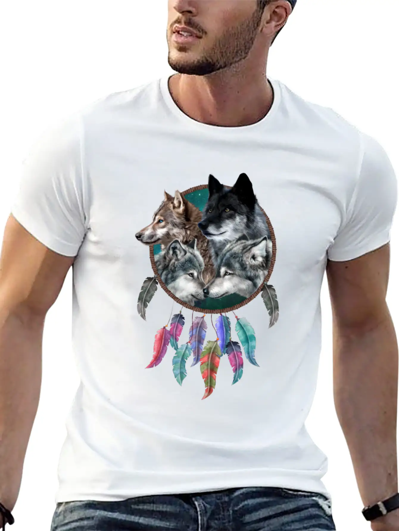 Four Wolf Caring Dream Catcher Stylish Everyday T-Shirt – Unisex Basic Cotton Tee