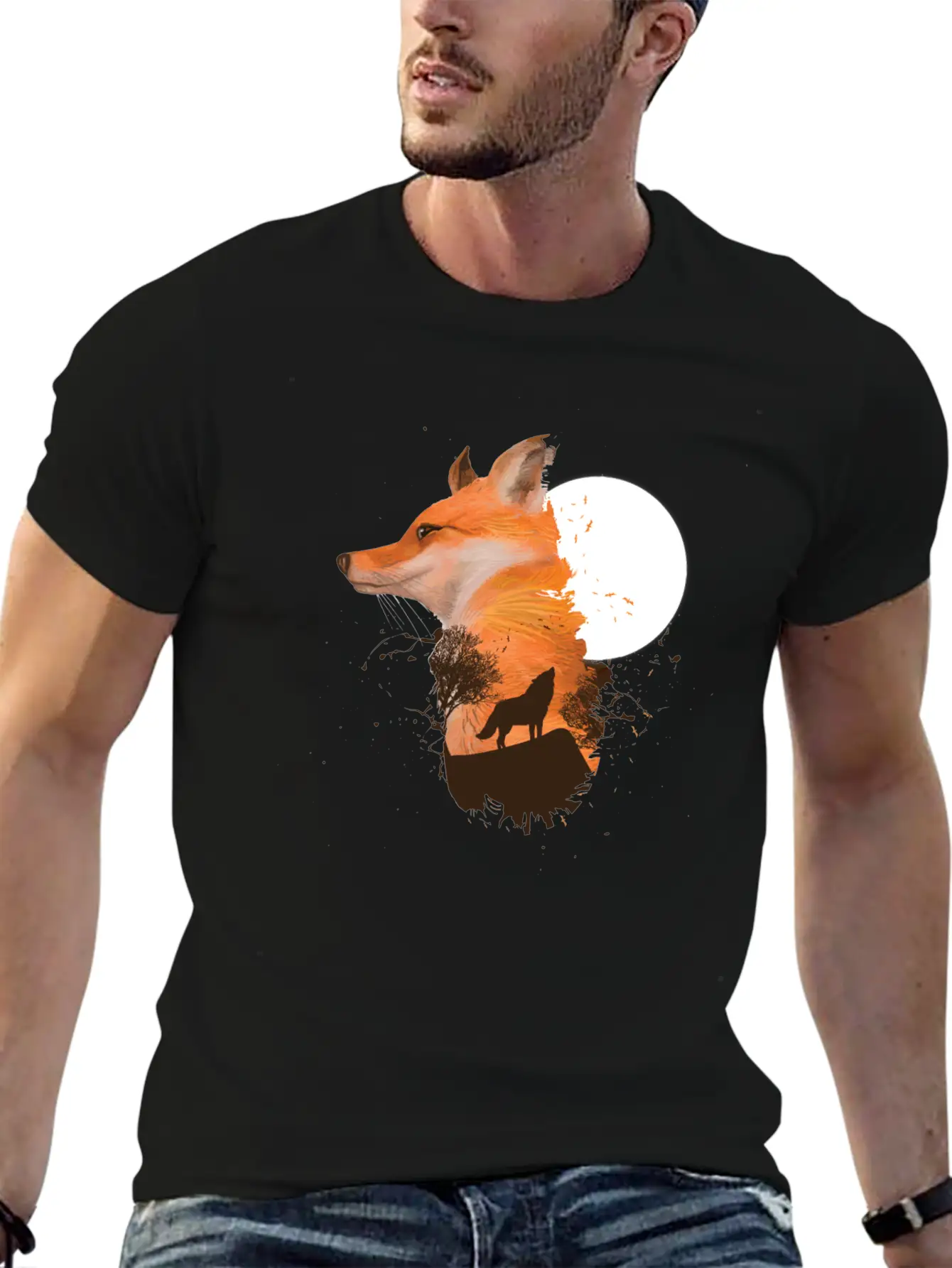 Fox Wolf Design With Full Moon Moon Hunter Hunting Timeless Short Sleeve Tee – Comfy And Minimalist Design