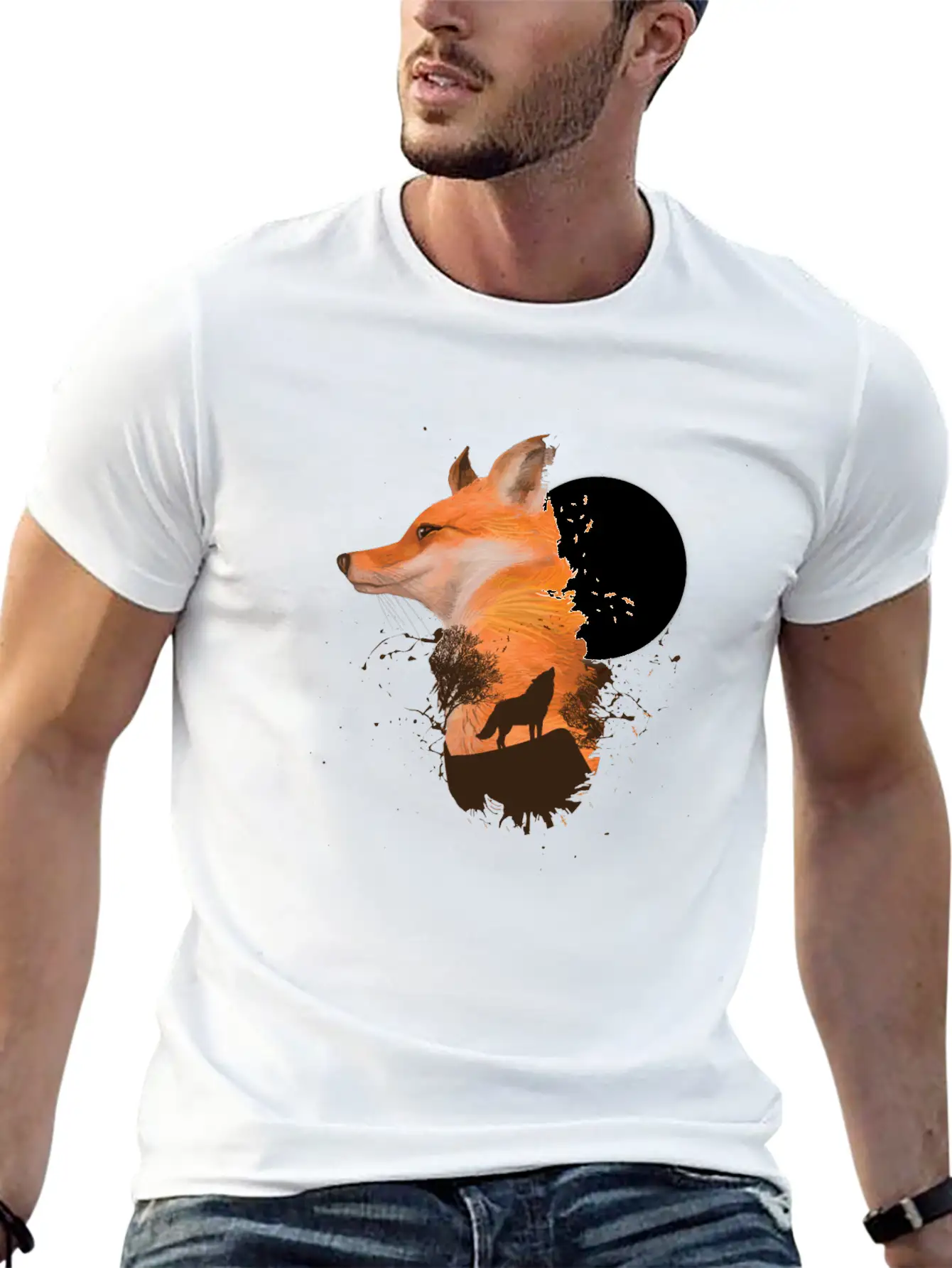 Fox Wolf Design With Full Moon Moon Hunter Hunting Timeless Short Sleeve Tee – Comfy And Minimalist Design