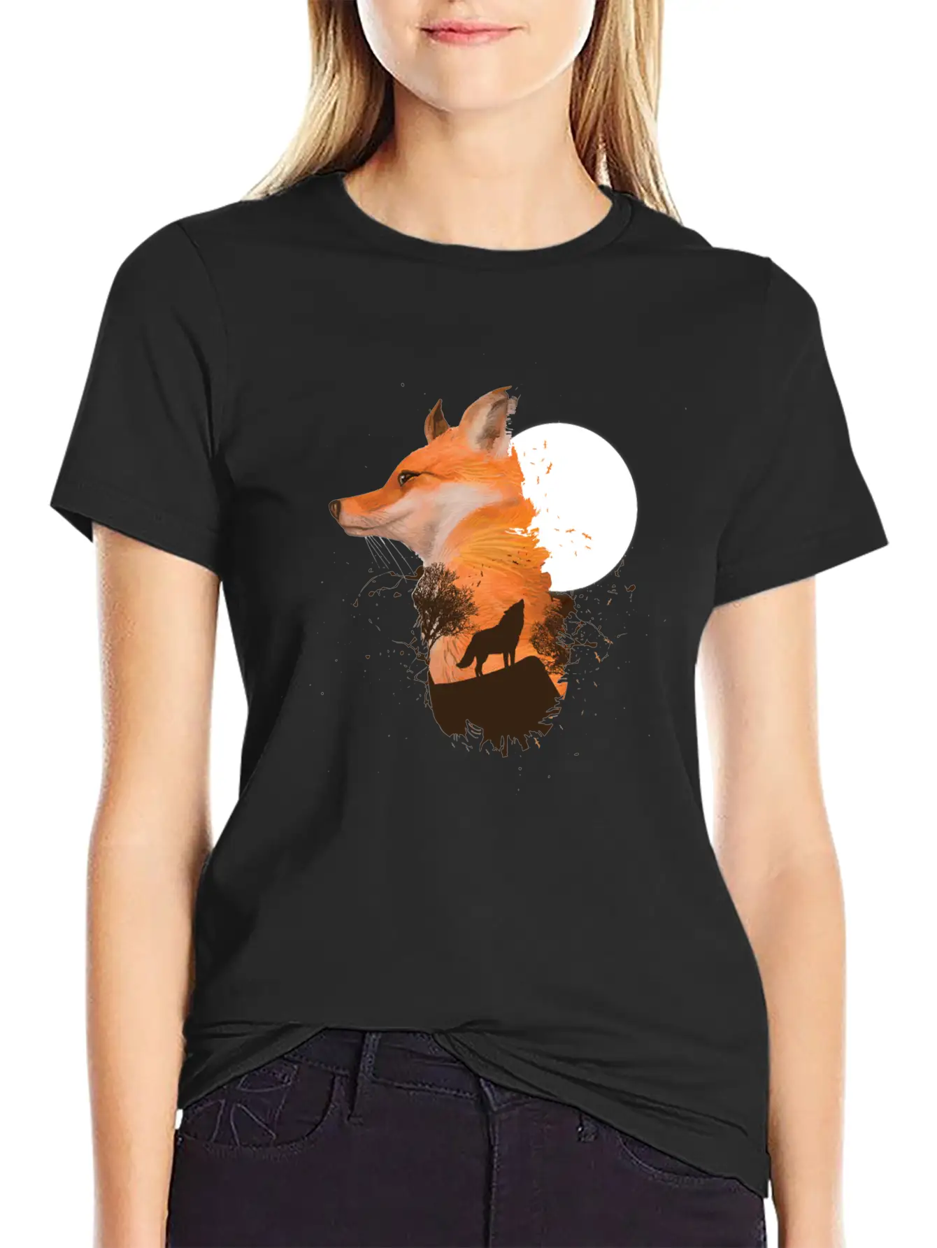 Fox Wolf Design With Full Moon Moon Hunter Hunting Timeless Short Sleeve Tee – Comfy And Minimalist Design