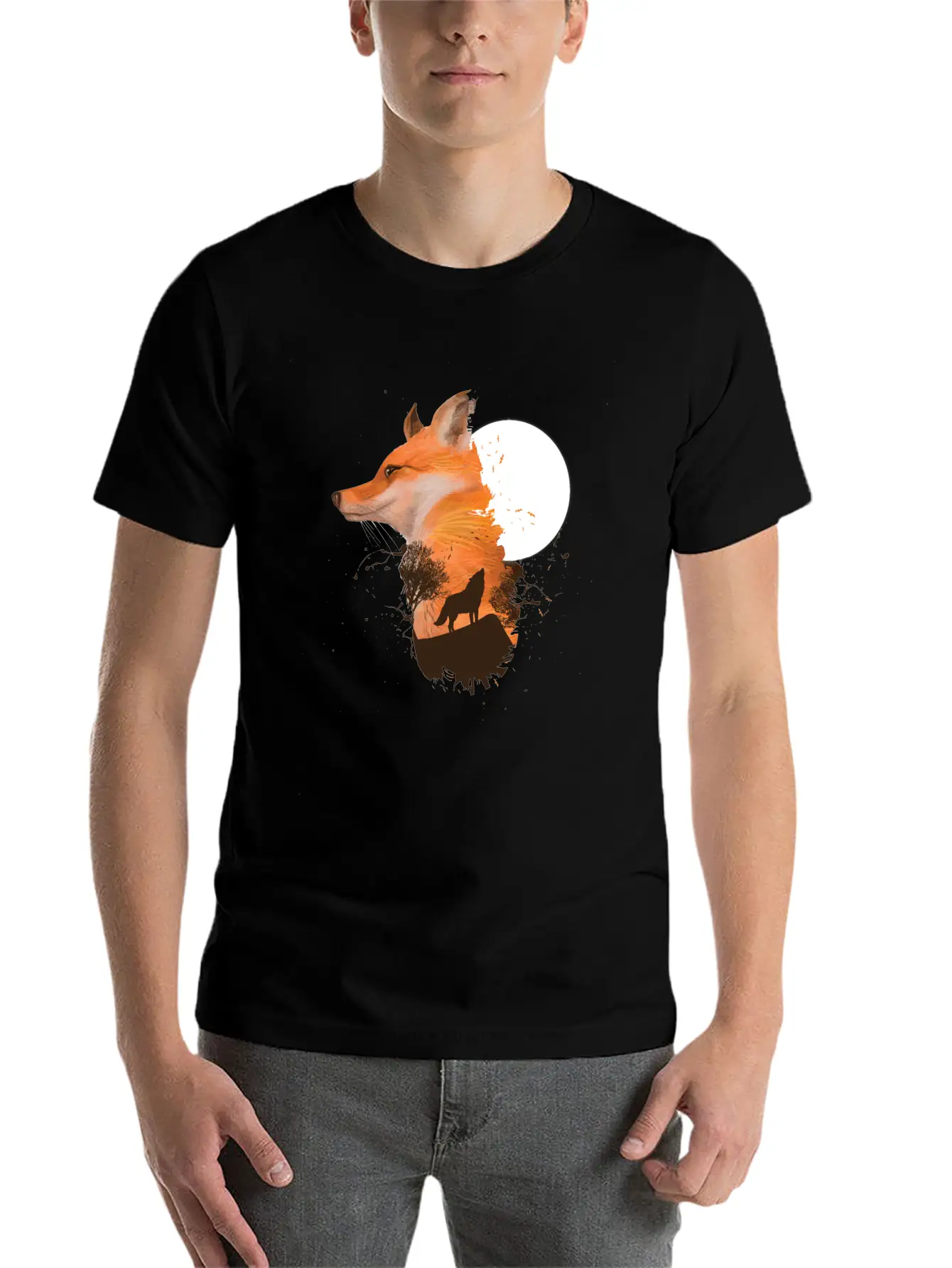 Fox Wolf Design With Full Moon Moon Hunter Hunting Timeless Short Sleeve Tee – Comfy And Minimalist Design
