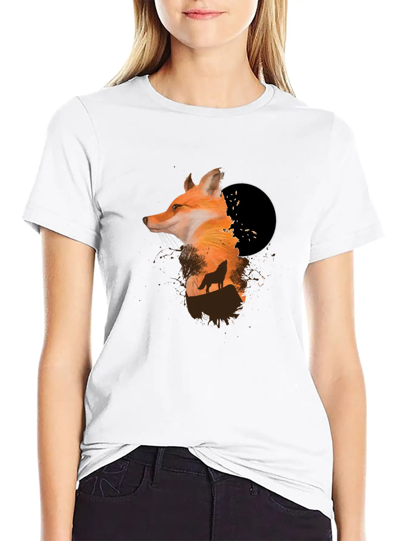 Fox Wolf Design With Full Moon Moon Hunter Hunting Timeless Short Sleeve Tee – Comfy And Minimalist Design