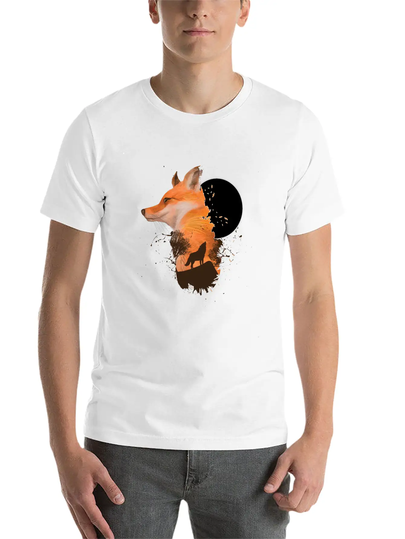 Fox Wolf Design With Full Moon Moon Hunter Hunting Timeless Short Sleeve Tee – Comfy And Minimalist Design