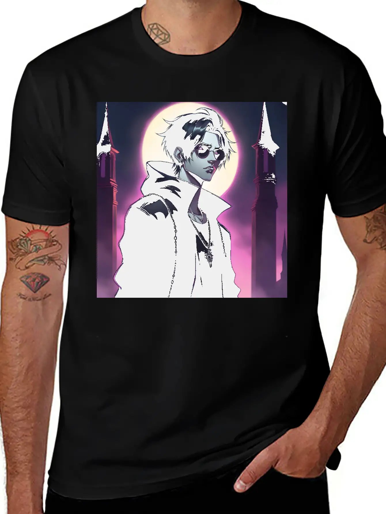 Full Moon Anime Vampire Wearing Black Jacket Stylish Everyday T-Shirt – Unisex Basic Cotton Tee