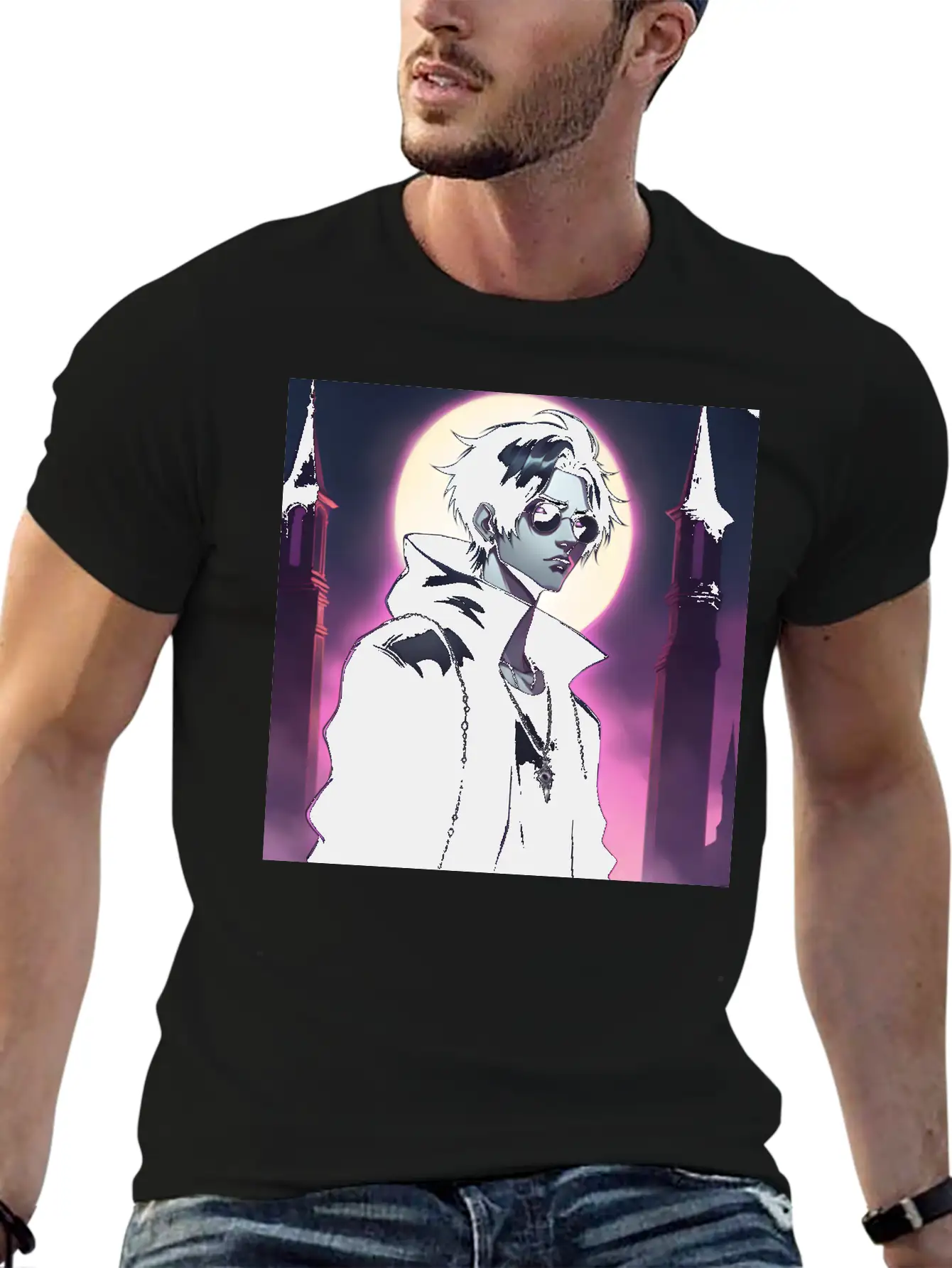 Full Moon Anime Vampire Wearing Black Jacket Stylish Everyday T-Shirt – Unisex Basic Cotton Tee