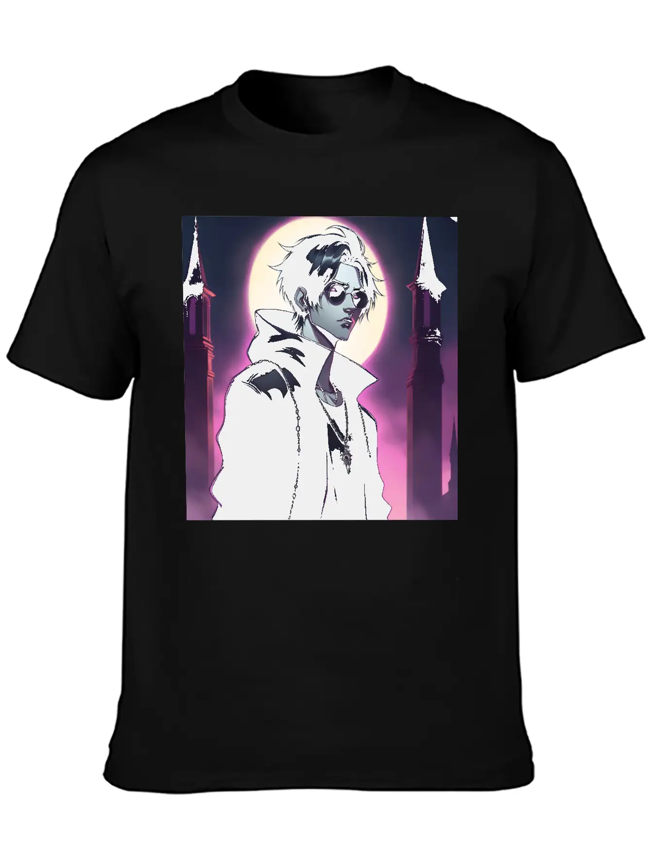 Full Moon Anime Vampire Wearing Black Jacket Stylish Everyday T-Shirt – Unisex Basic Cotton Tee