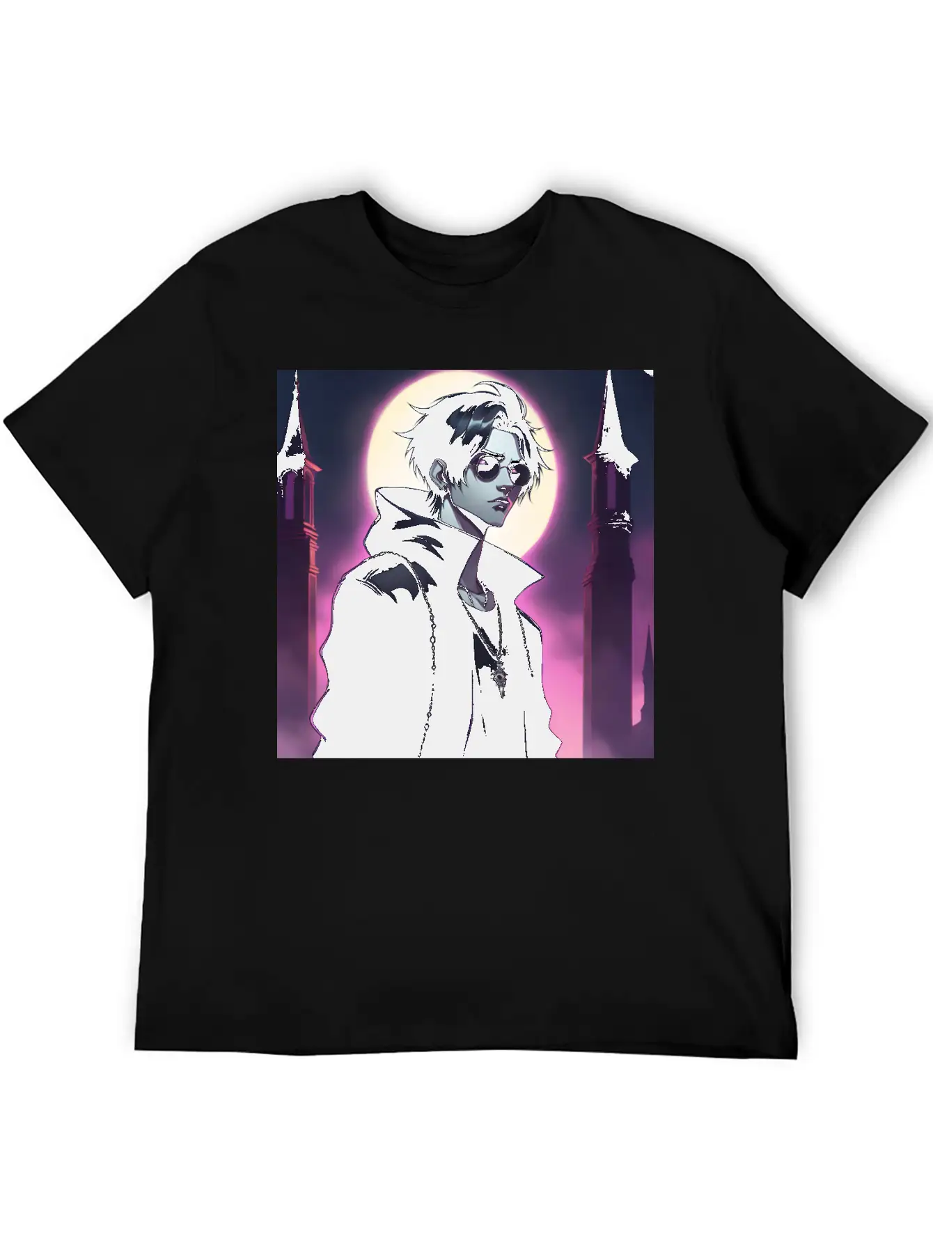 Full Moon Anime Vampire Wearing Black Jacket Stylish Everyday T-Shirt – Unisex Basic Cotton Tee