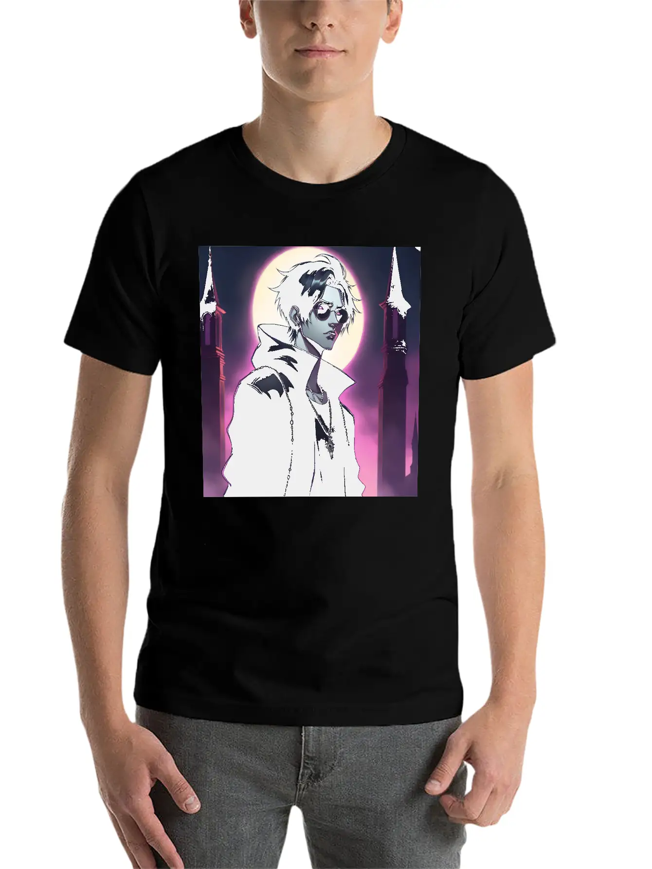 Full Moon Anime Vampire Wearing Black Jacket Stylish Everyday T-Shirt – Unisex Basic Cotton Tee