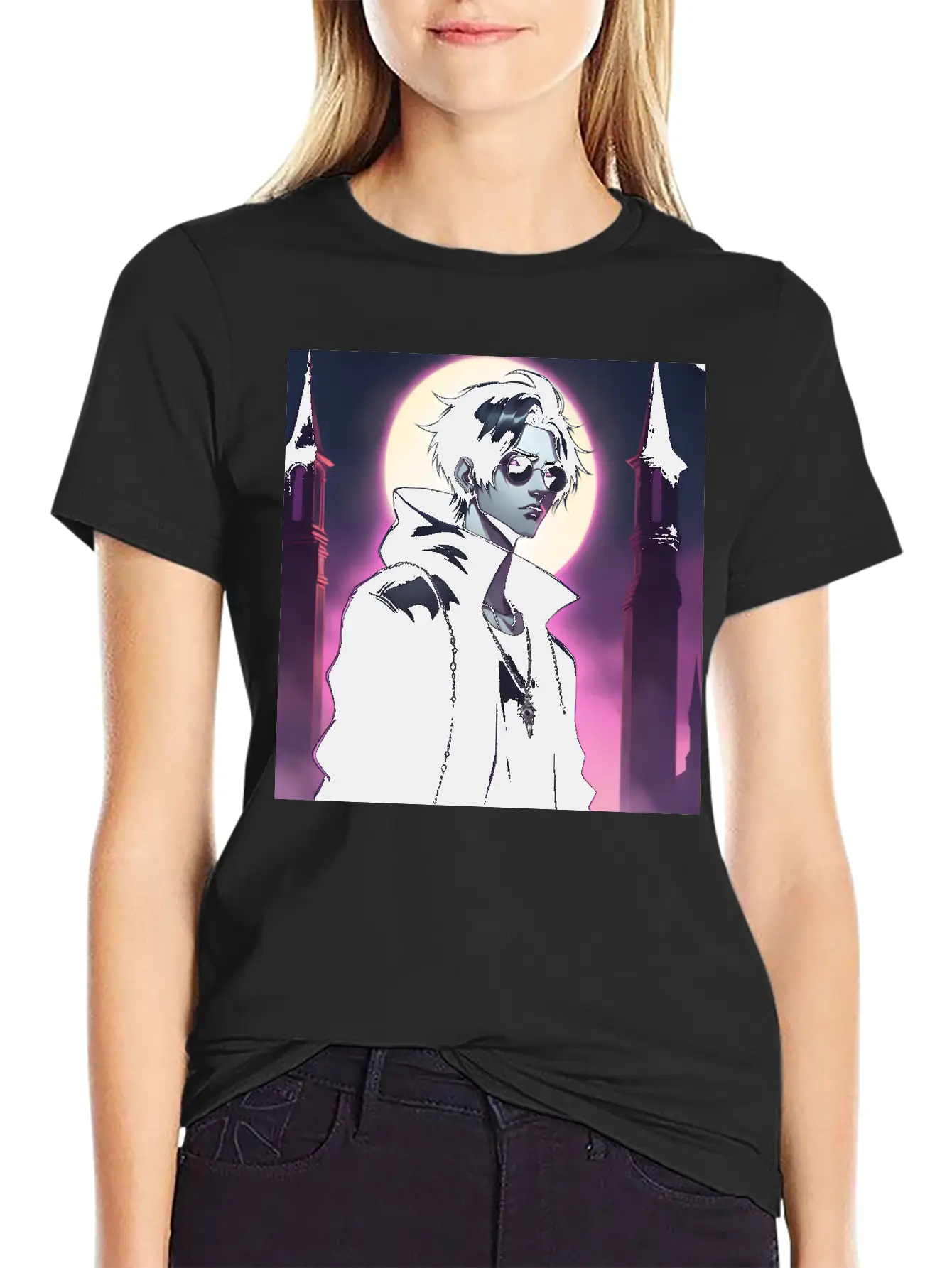 Full Moon Anime Vampire Wearing Black Jacket Stylish Everyday T-Shirt – Unisex Basic Cotton Tee