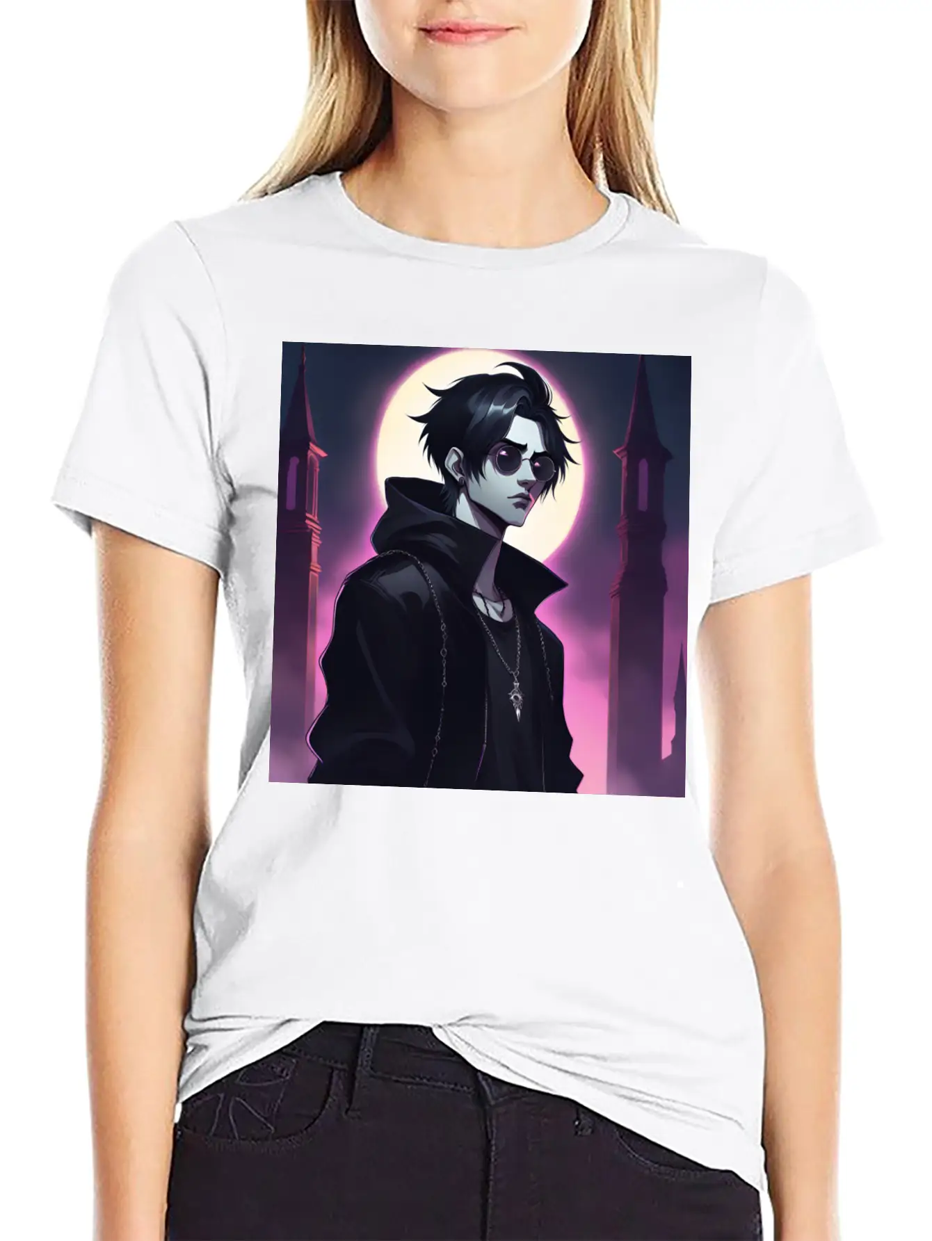 Full Moon Anime Vampire Wearing Black Jacket Stylish Everyday T-Shirt – Unisex Basic Cotton Tee