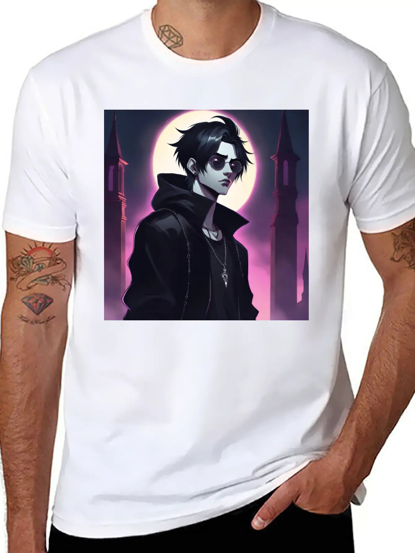 Full Moon Anime Vampire Wearing Black Jacket Stylish Everyday T-Shirt – Unisex Basic Cotton Tee