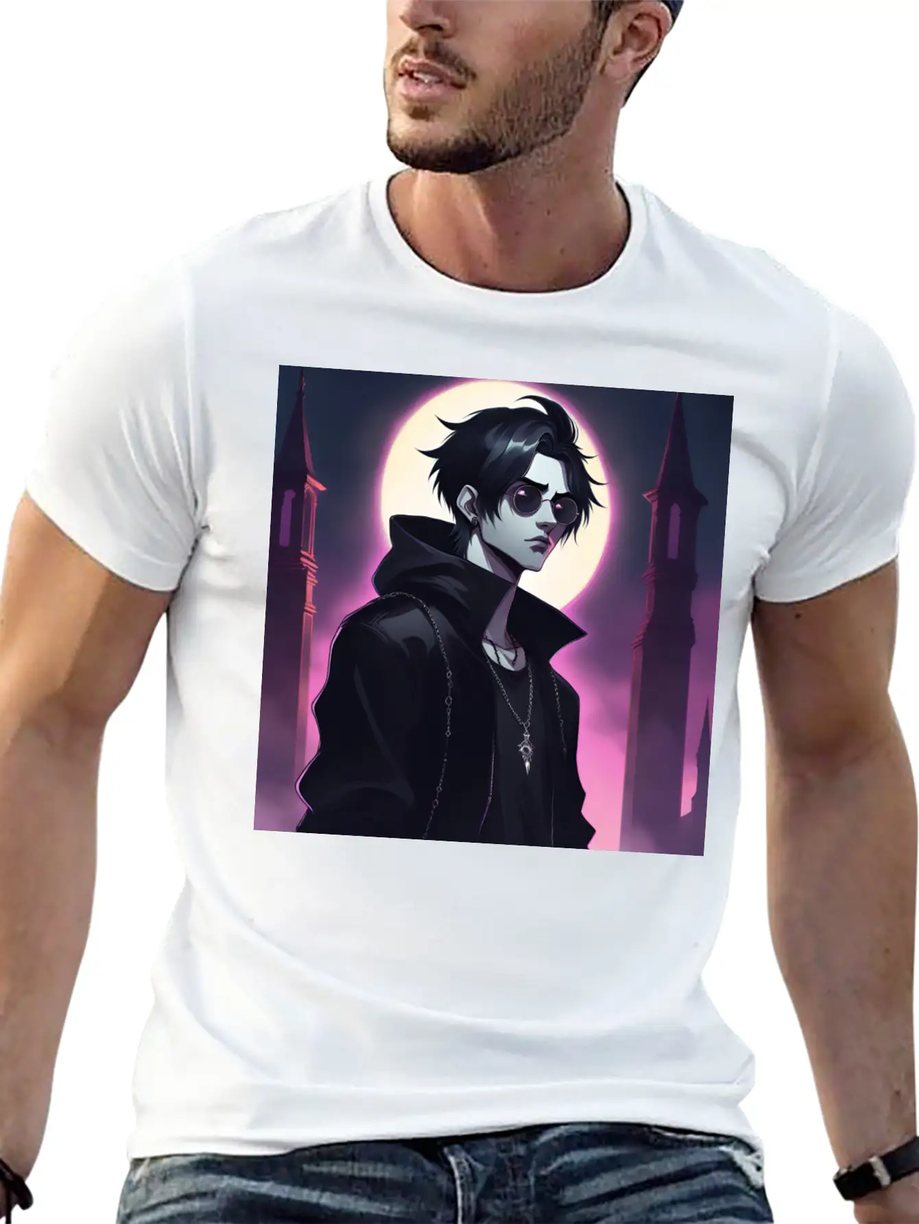Full Moon Anime Vampire Wearing Black Jacket Stylish Everyday T-Shirt – Unisex Basic Cotton Tee