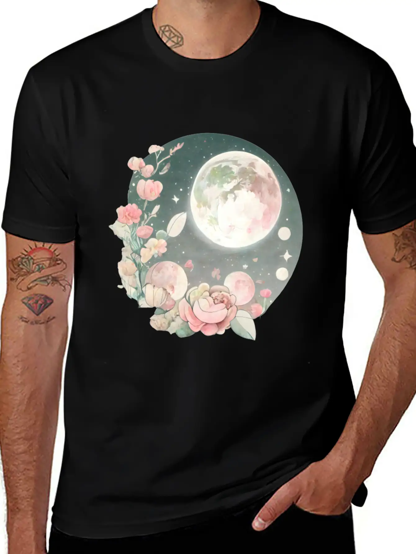 Full Moon Lunar Phases Space Stars Flowers Nature Stylish Everyday T-Shirt – Unisex Basic Cotton Tee