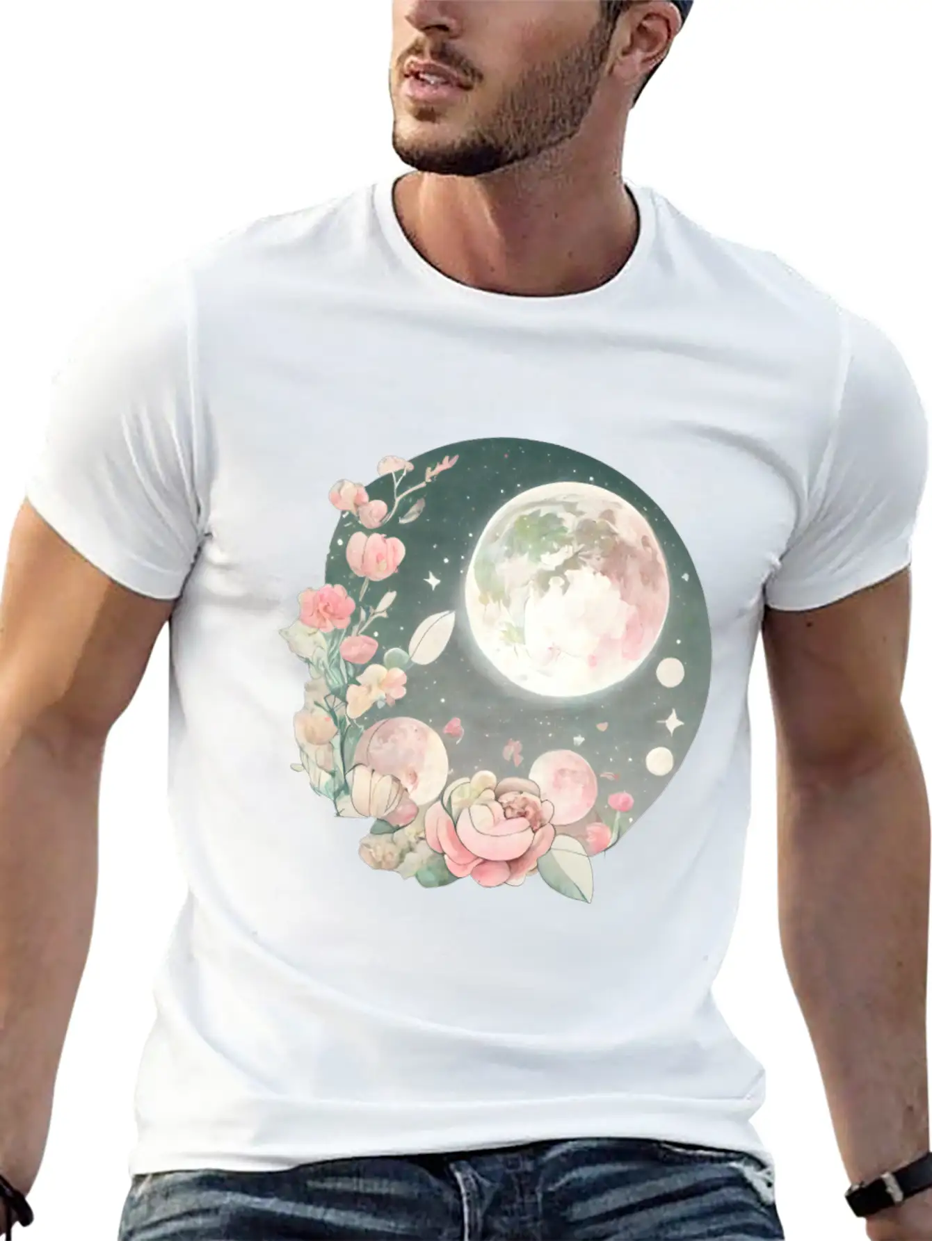 Full Moon Lunar Phases Space Stars Flowers Nature Stylish Everyday T-Shirt – Unisex Basic Cotton Tee