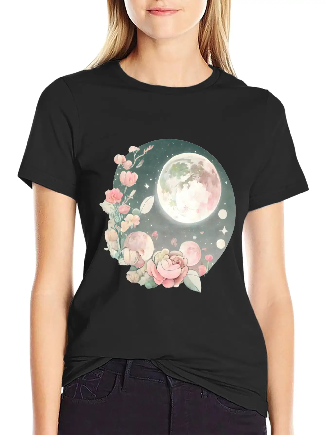 Full Moon Lunar Phases Space Stars Flowers Nature Stylish Everyday T-Shirt – Unisex Basic Cotton Tee