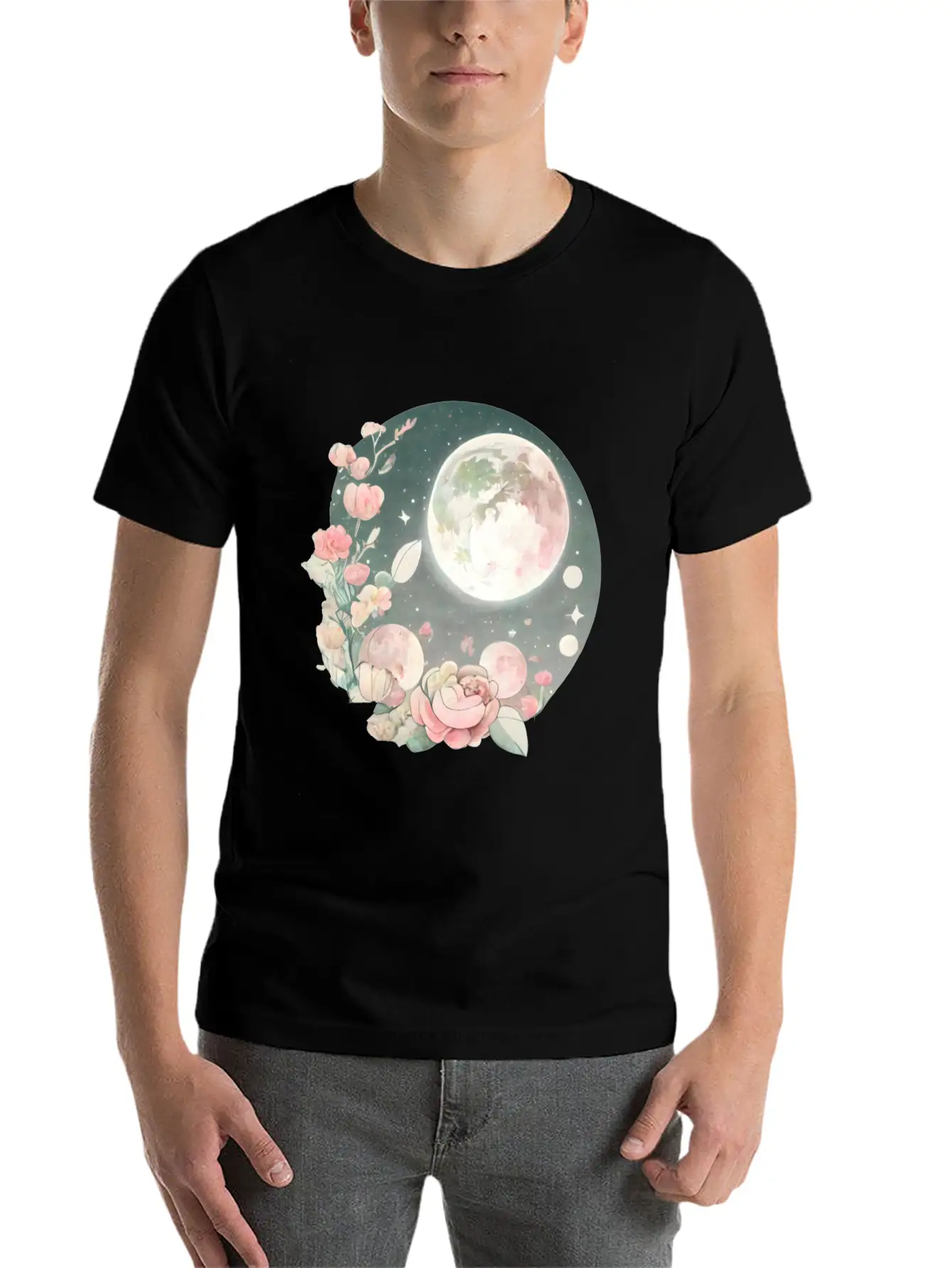 Full Moon Lunar Phases Space Stars Flowers Nature Stylish Everyday T-Shirt – Unisex Basic Cotton Tee