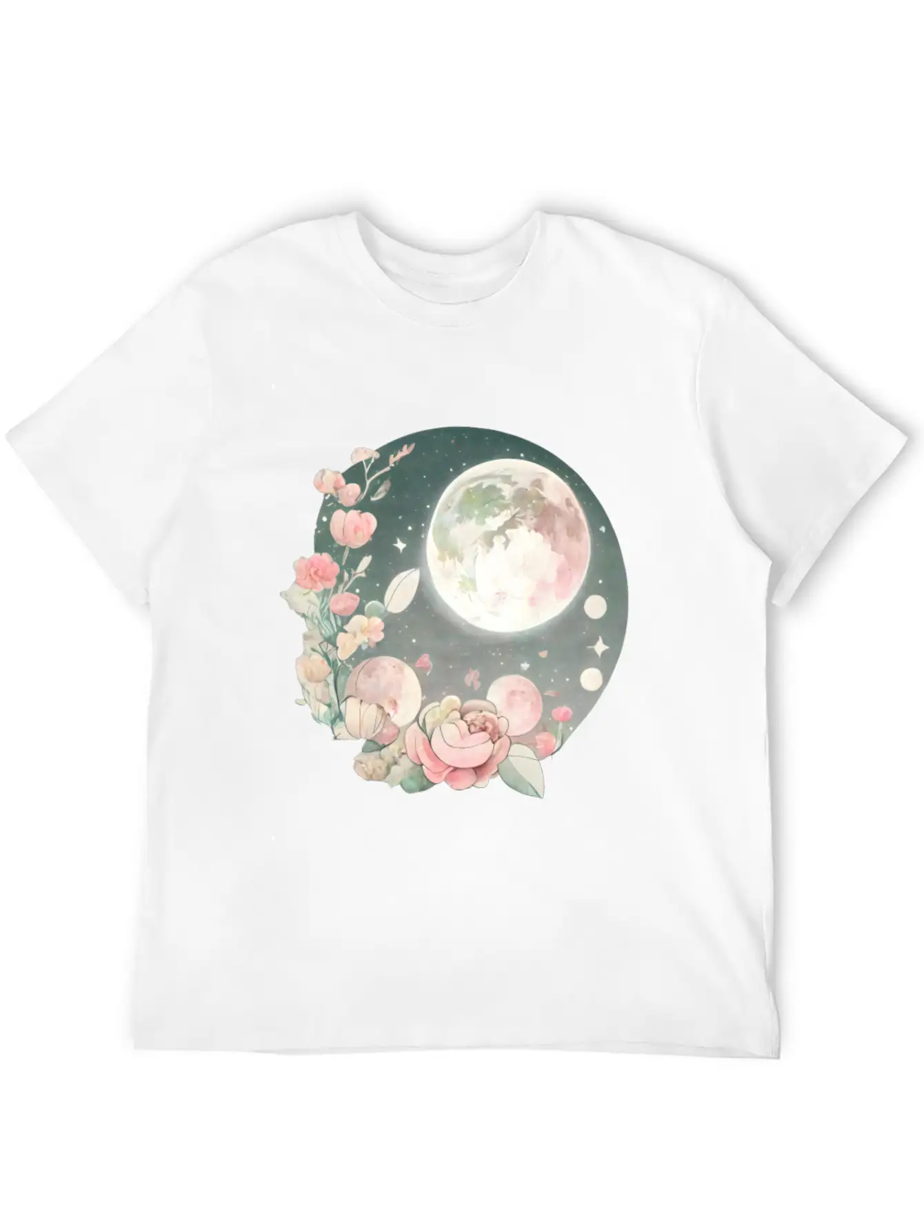 Full Moon Lunar Phases Space Stars Flowers Nature Stylish Everyday T-Shirt – Unisex Basic Cotton Tee