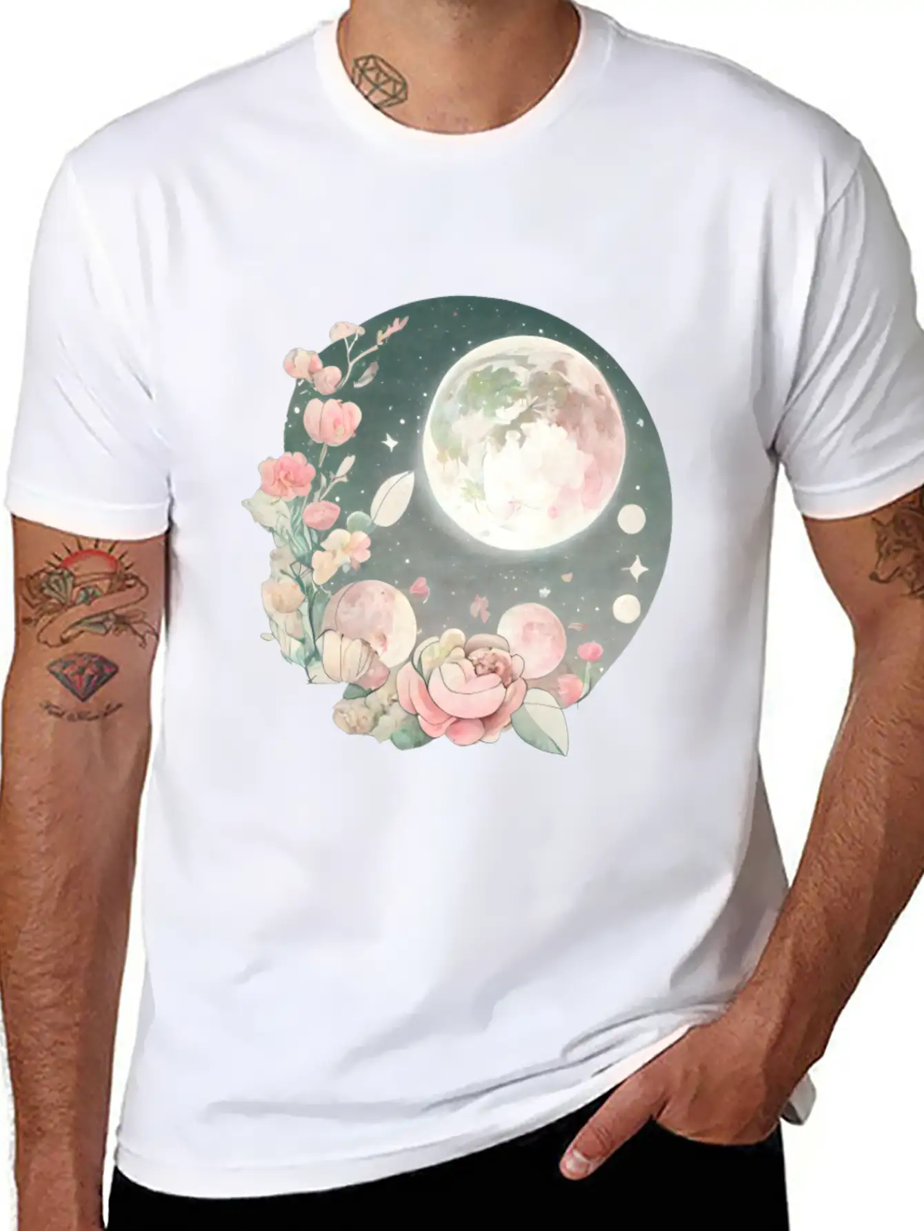 Full Moon Lunar Phases Space Stars Flowers Nature Stylish Everyday T-Shirt – Unisex Basic Cotton Tee