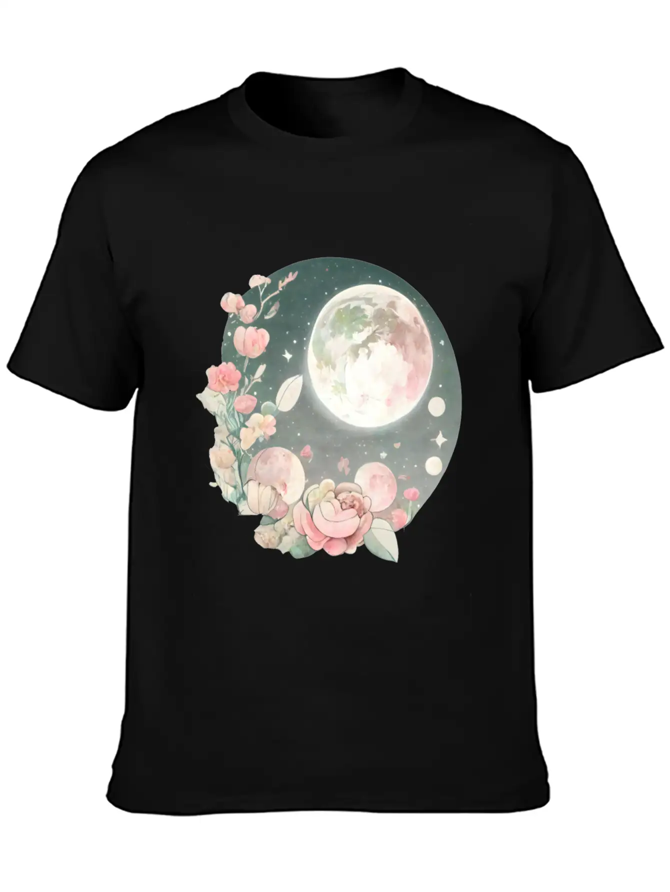 Full Moon Lunar Phases Space Stars Flowers Nature Stylish Everyday T-Shirt – Unisex Basic Cotton Tee