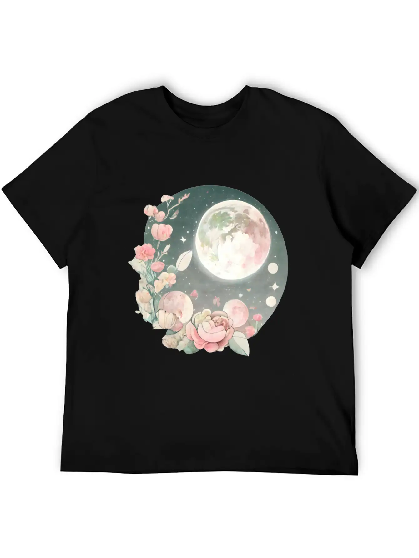 Full Moon Lunar Phases Space Stars Flowers Nature Stylish Everyday T-Shirt – Unisex Basic Cotton Tee