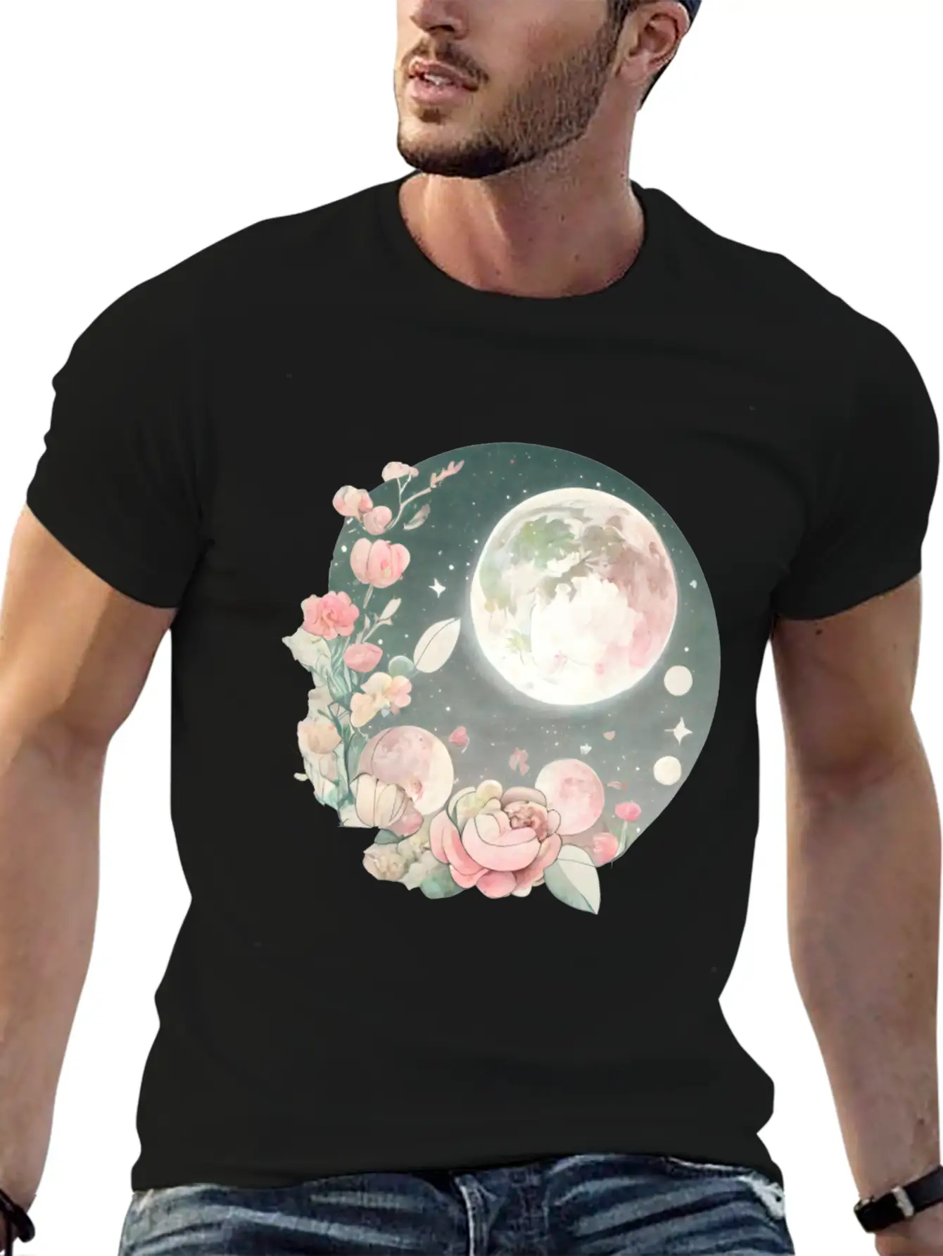 Full Moon Lunar Phases Space Stars Flowers Nature Stylish Everyday T-Shirt – Unisex Basic Cotton Tee
