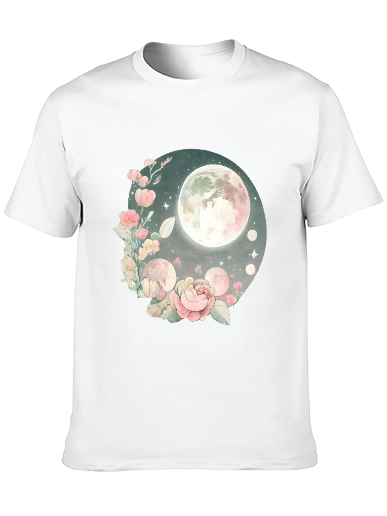 Full Moon Lunar Phases Space Stars Flowers Nature Stylish Everyday T-Shirt – Unisex Basic Cotton Tee