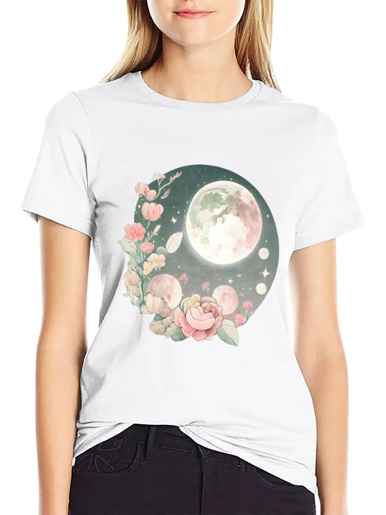 Full Moon Lunar Phases Space Stars Flowers Nature Stylish Everyday T-Shirt – Unisex Basic Cotton Tee