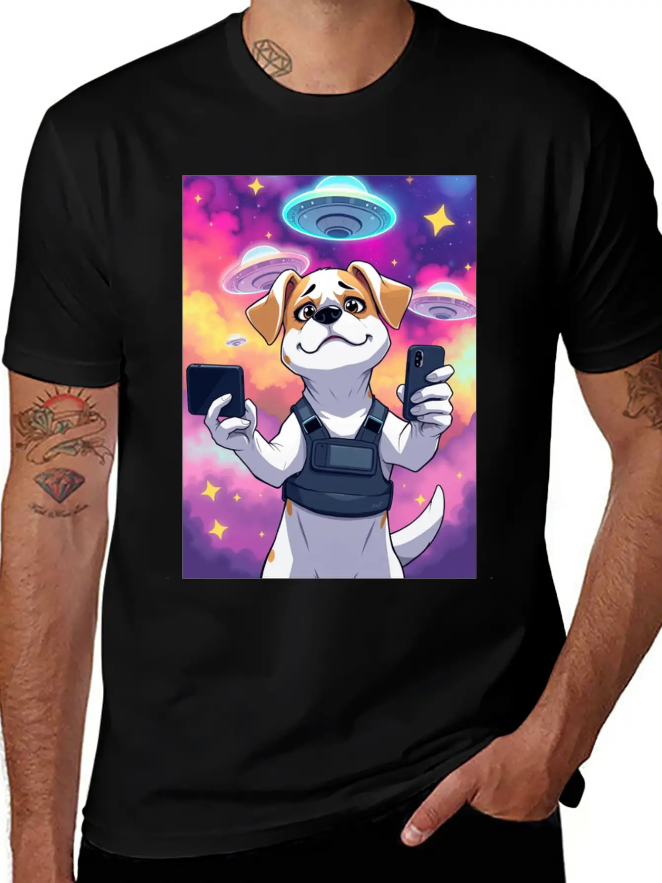 Funny Dog Training Anime Selfie With UFOs Weird Stylish Everyday T-Shirt – Unisex Basic Cotton Tee