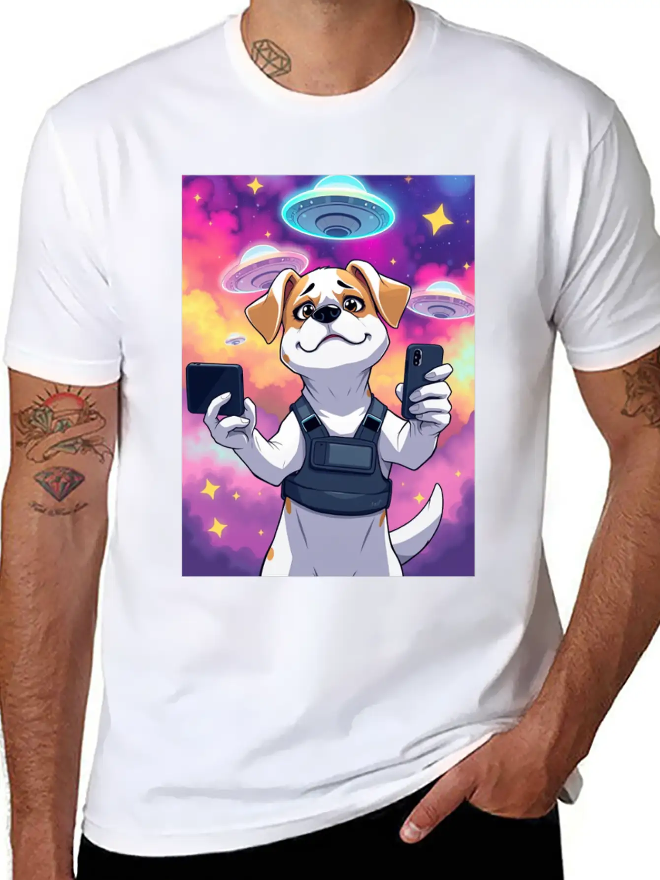 Funny Dog Training Anime Selfie With UFOs Weird Stylish Everyday T-Shirt – Unisex Basic Cotton Tee