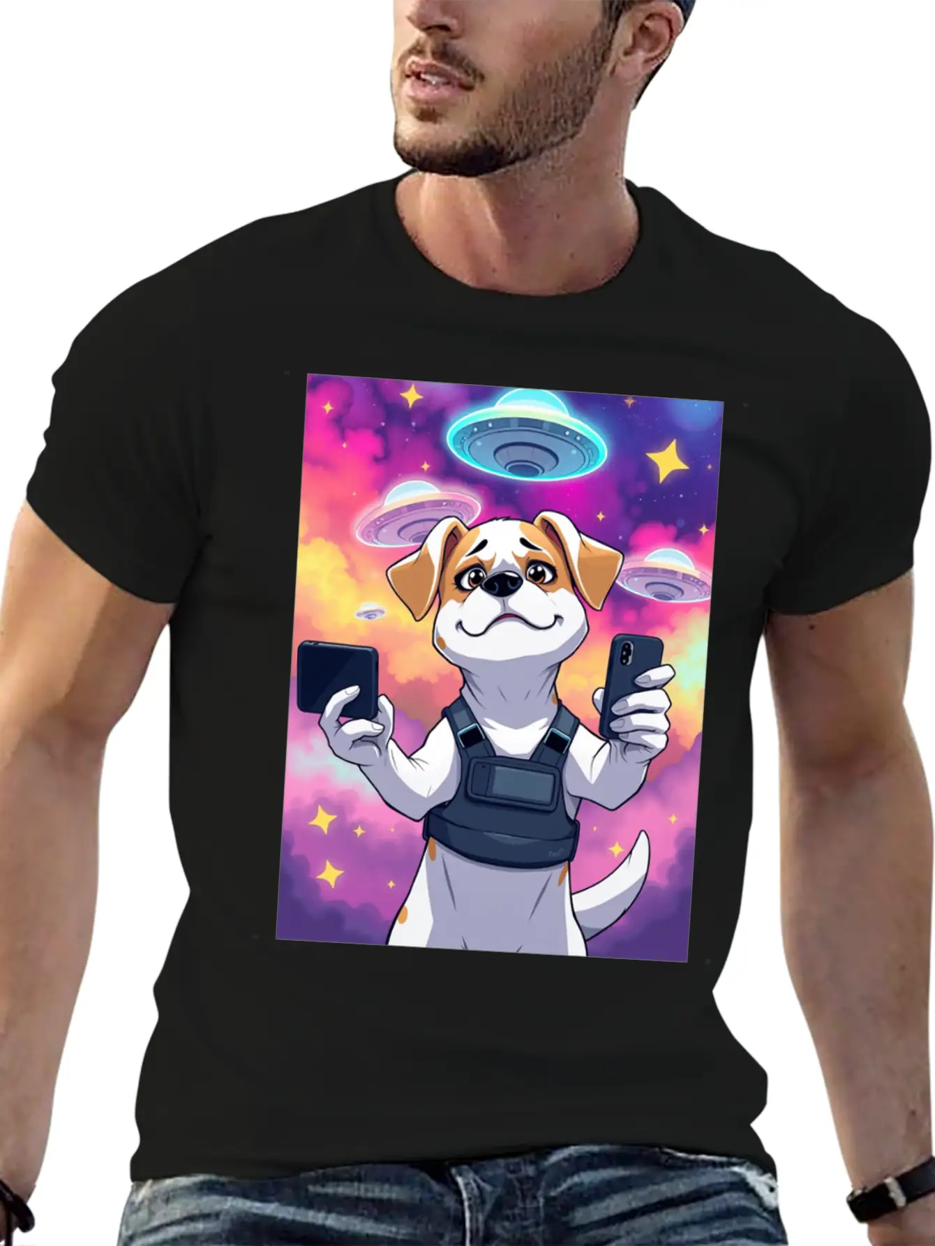 Funny Dog Training Anime Selfie With UFOs Weird Stylish Everyday T-Shirt – Unisex Basic Cotton Tee