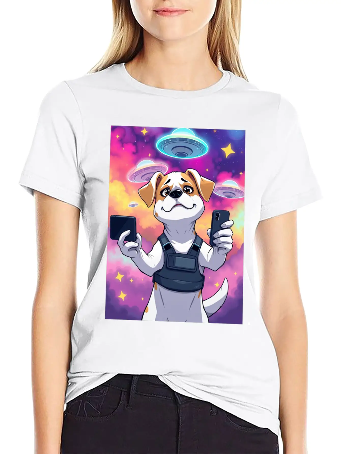 Funny Dog Training Anime Selfie With UFOs Weird Stylish Everyday T-Shirt – Unisex Basic Cotton Tee